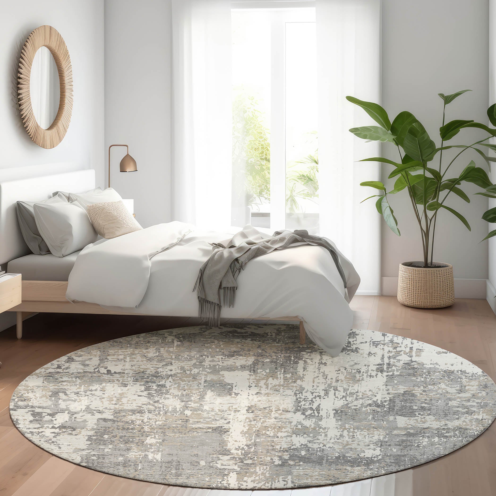 Luxury Washable Indoor/Outdoor Transitional KC7 Gray Rug 8' x 8' #shape_Round
