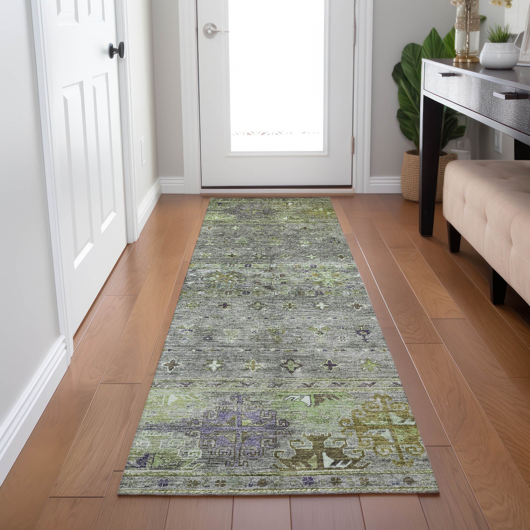 Indoor/Outdoor Traditional KJ5 Sage Green Rug 2'3" x 7'6" #shape_Runner