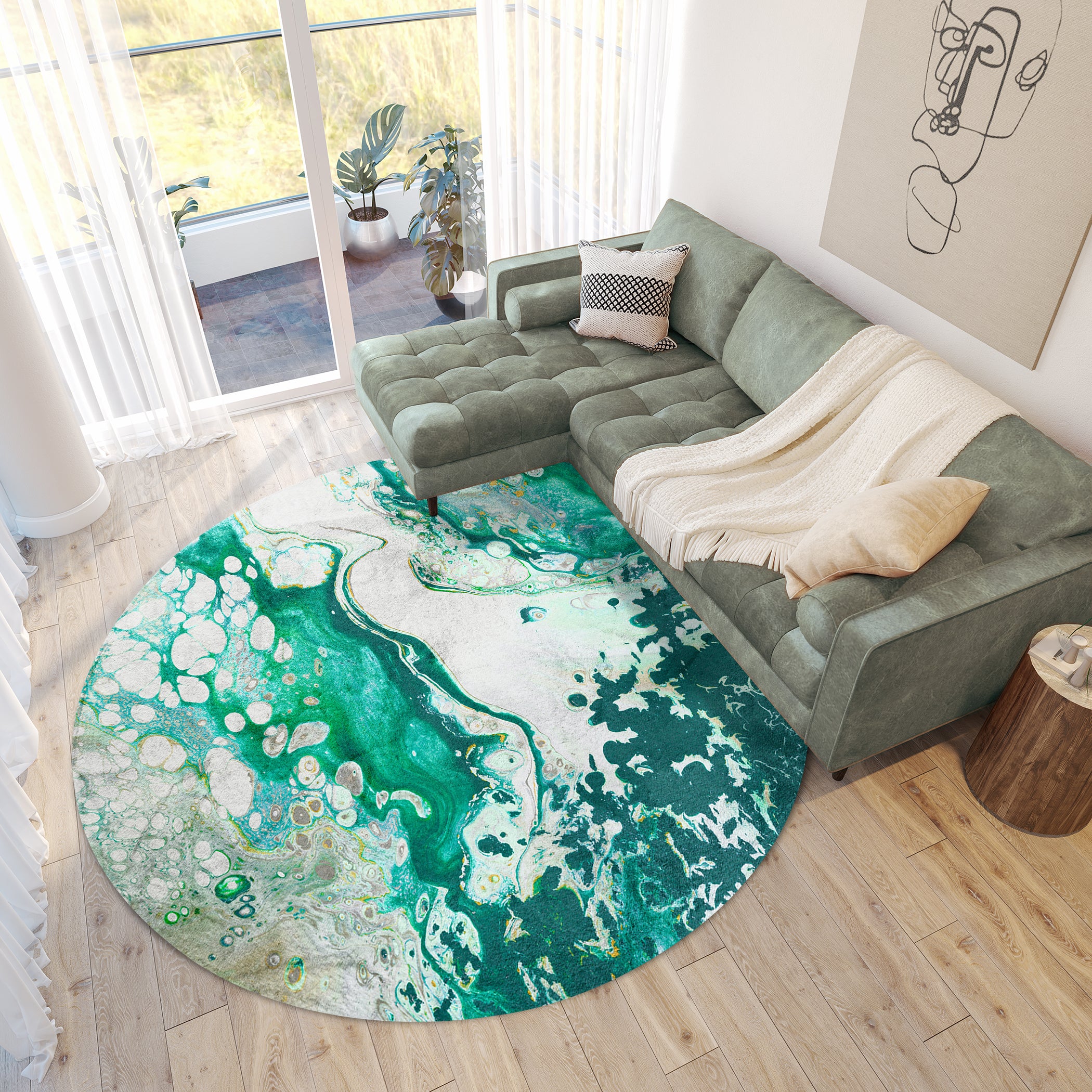 Luxury Machine Washable Contemporary KK10 Emerald City Green Rug 8' x 8' #shape_Round