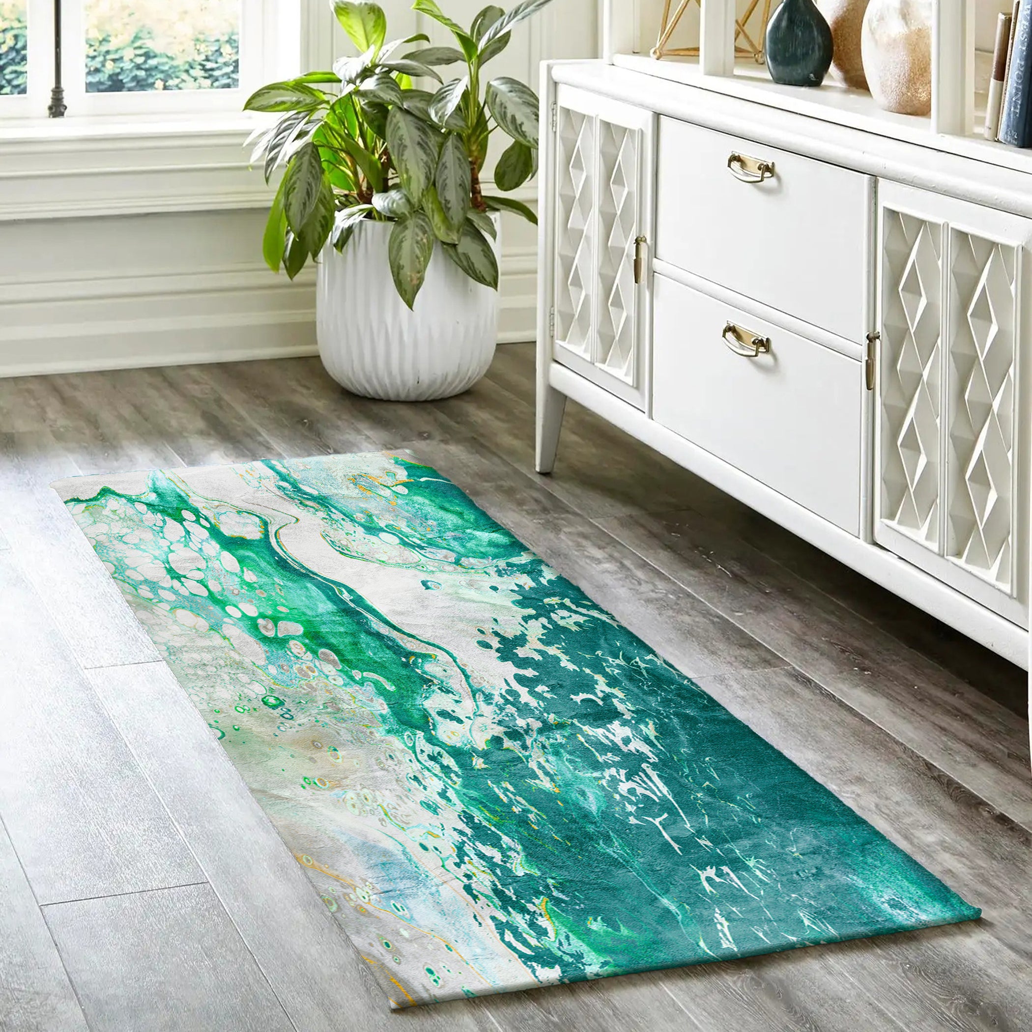 Luxury Machine Washable Contemporary KK10 Emerald City Green Rug 2'3" x 7'6" #shape_Runner