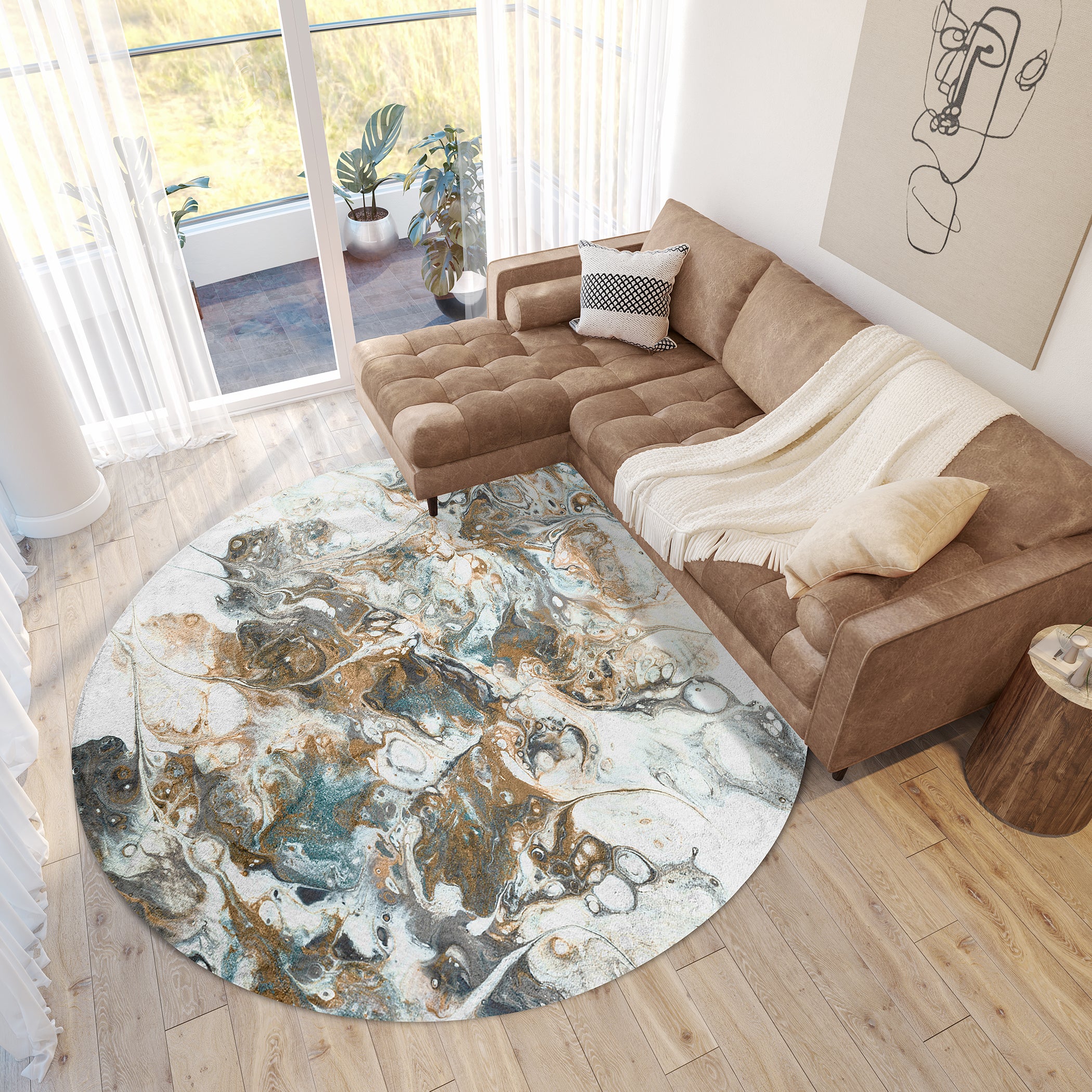 Luxury Machine Washable Contemporary KK11 Volcano Ivory Rug 8' x 8' #shape_Round
