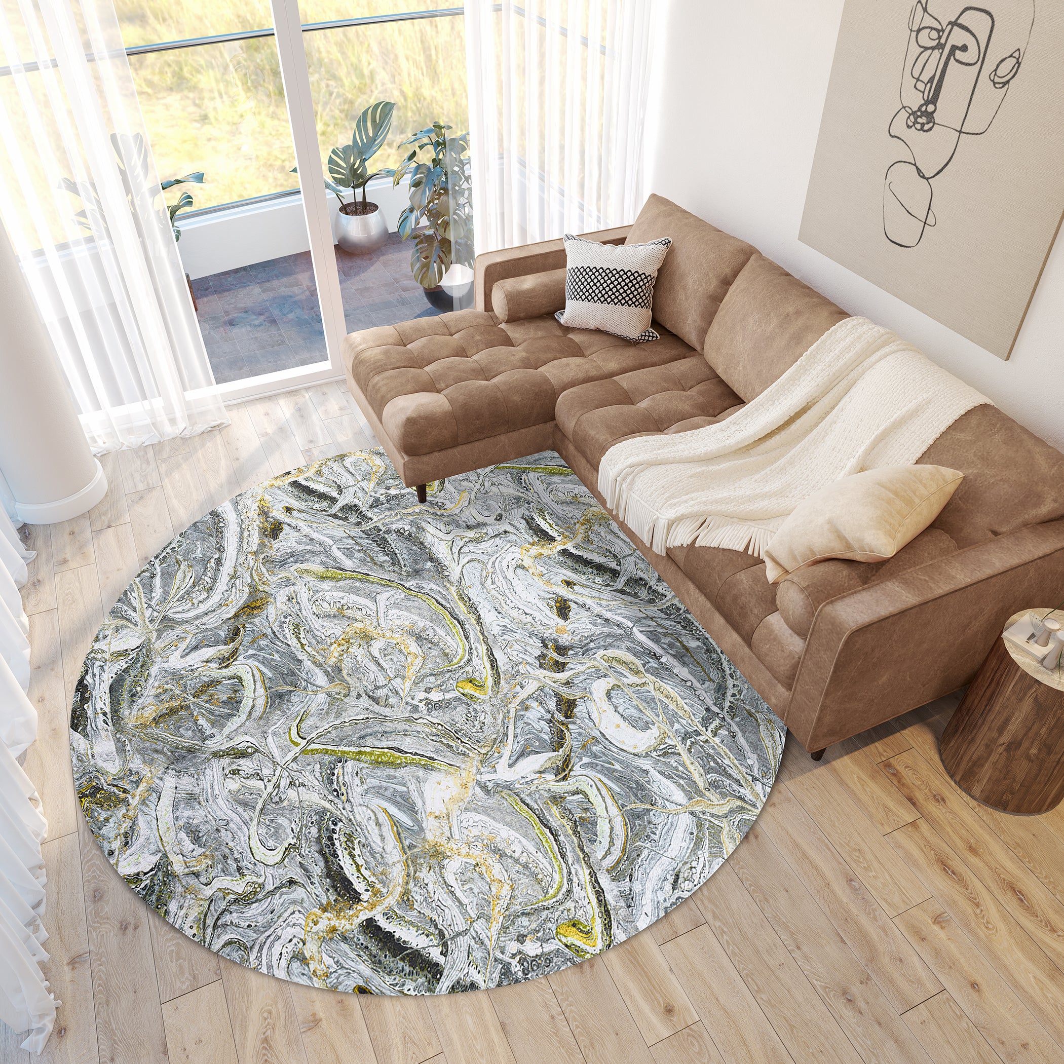Luxury Machine Washable Contemporary KK12 Storm Ivory Rug 8' x 8' #shape_Round