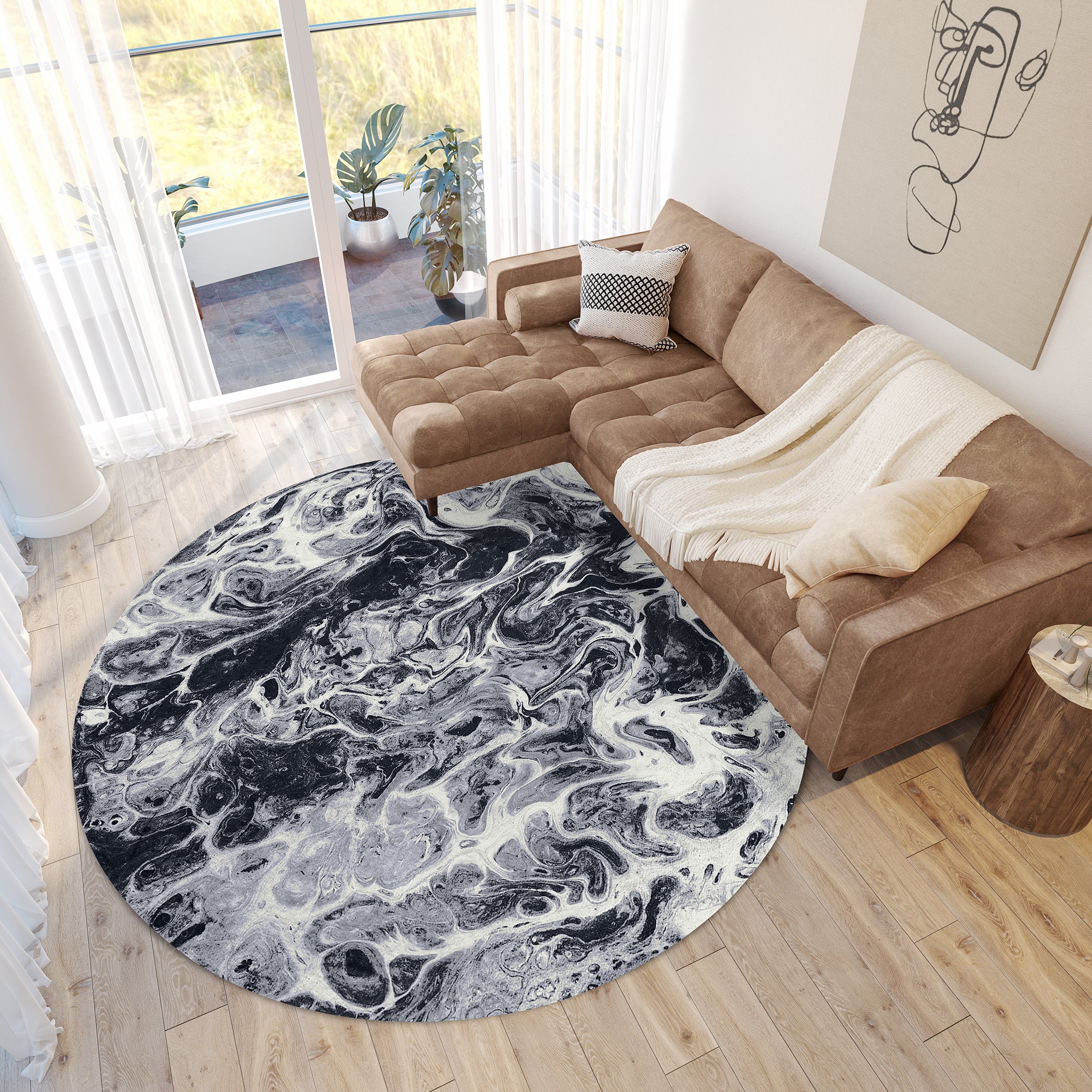Luxury Machine Washable Contemporary KK14 Marble Black Rug 8' x 8' #shape_Round