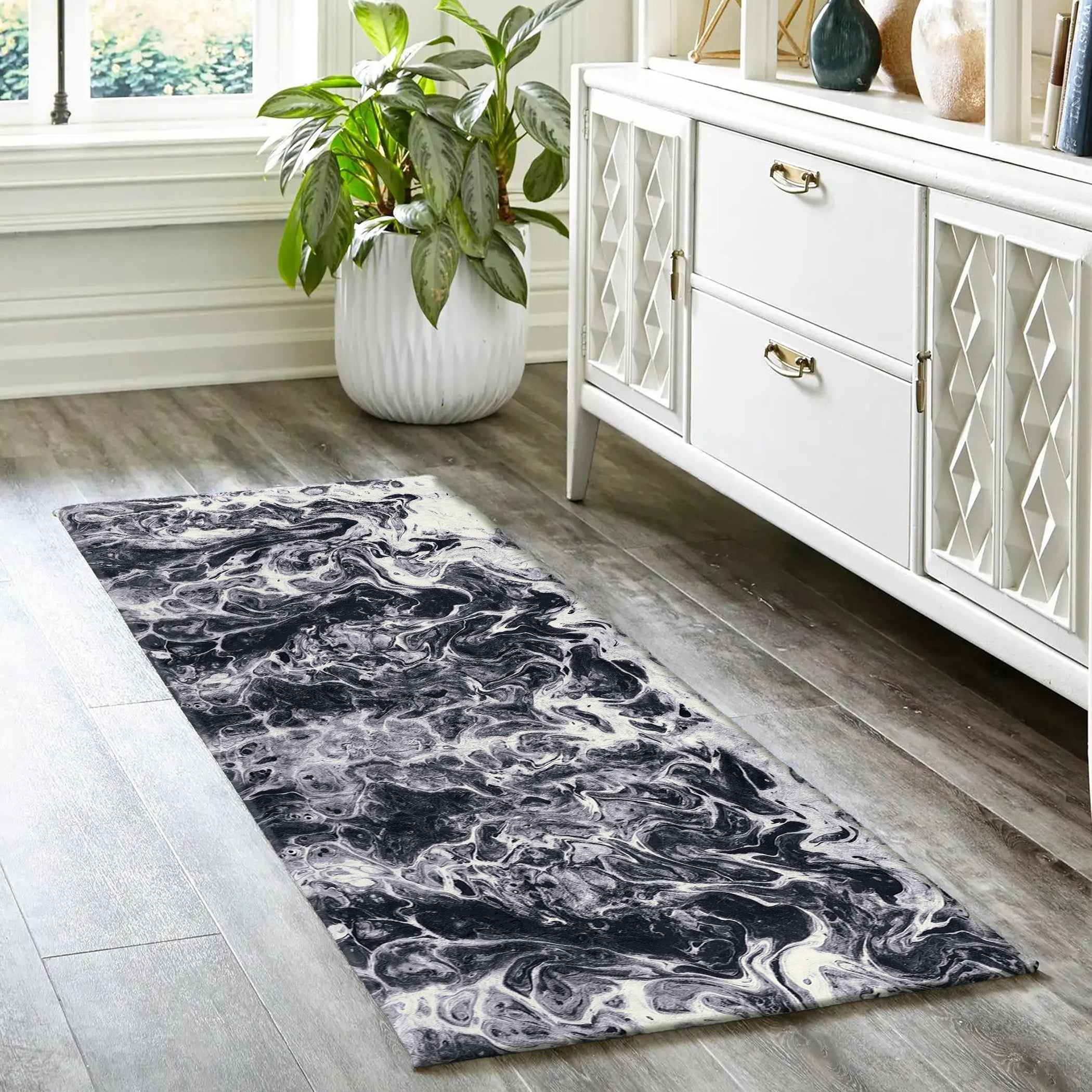 Luxury Machine Washable Contemporary KK14 Marble Black Rug 2'3" x 7'6" #shape_Runner