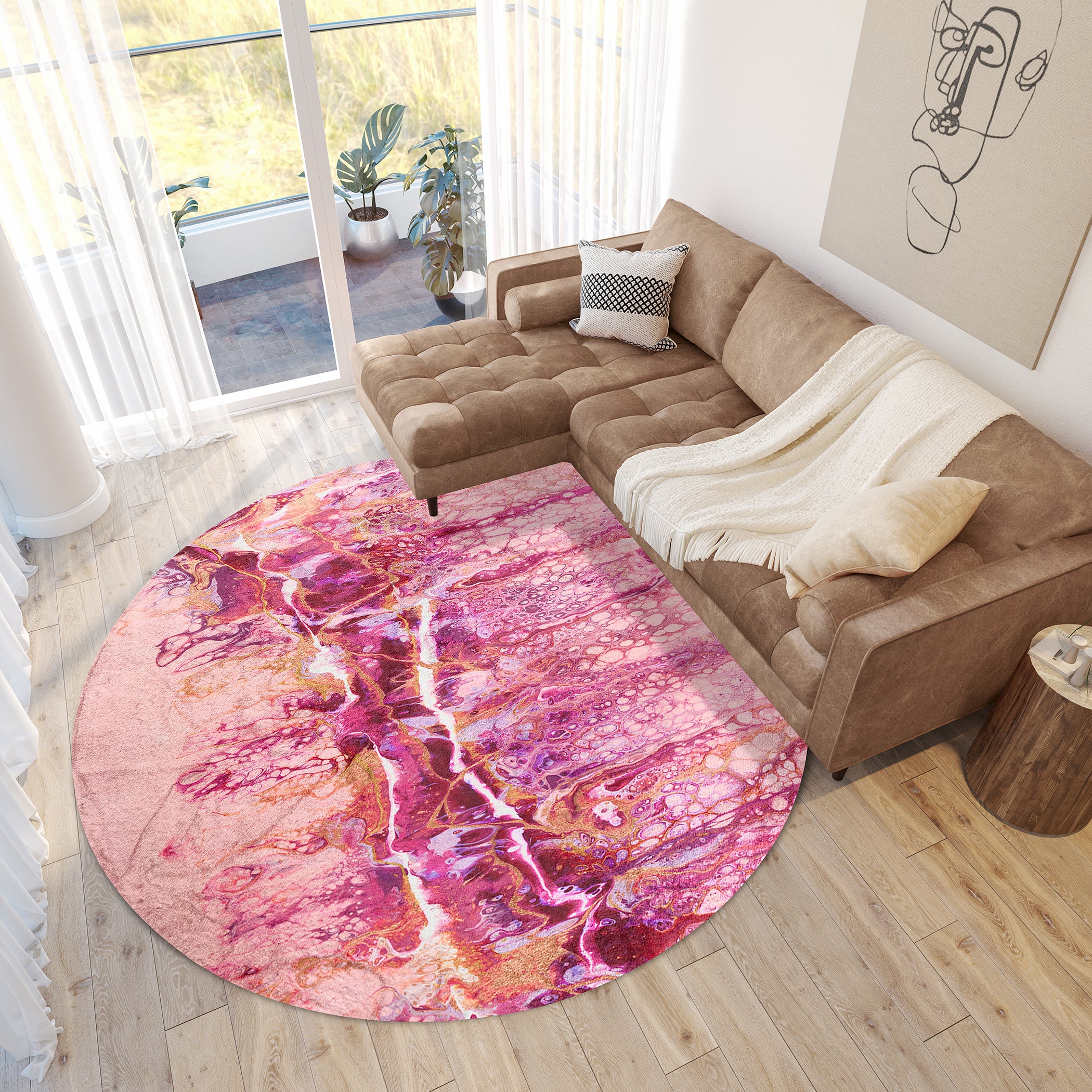 Luxury Machine Washable Contemporary KK16 Flamingo Pink Rug 8' x 8' #shape_Round