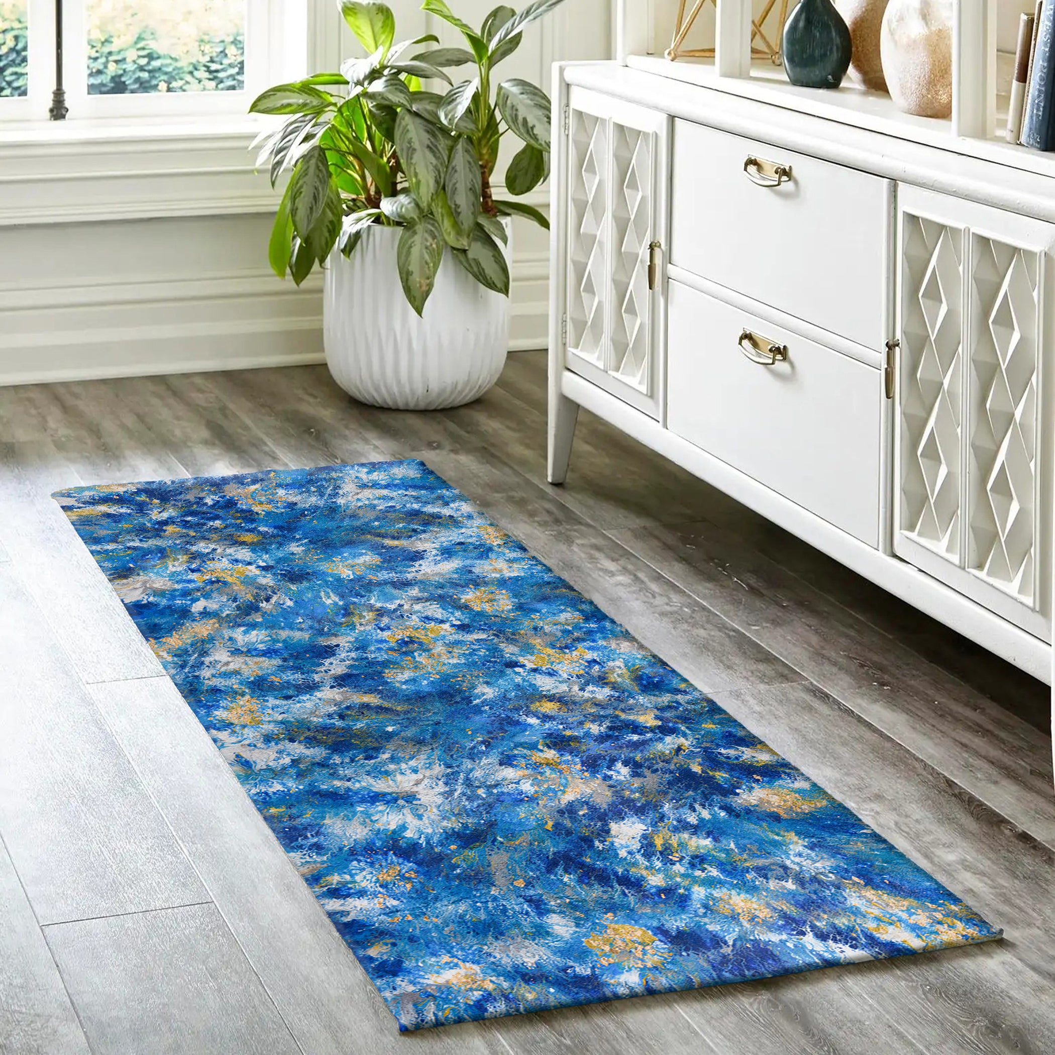 Luxury Machine Washable Contemporary KK17 Pacifica Blue Rug 2'3" x 7'6" #shape_Runner