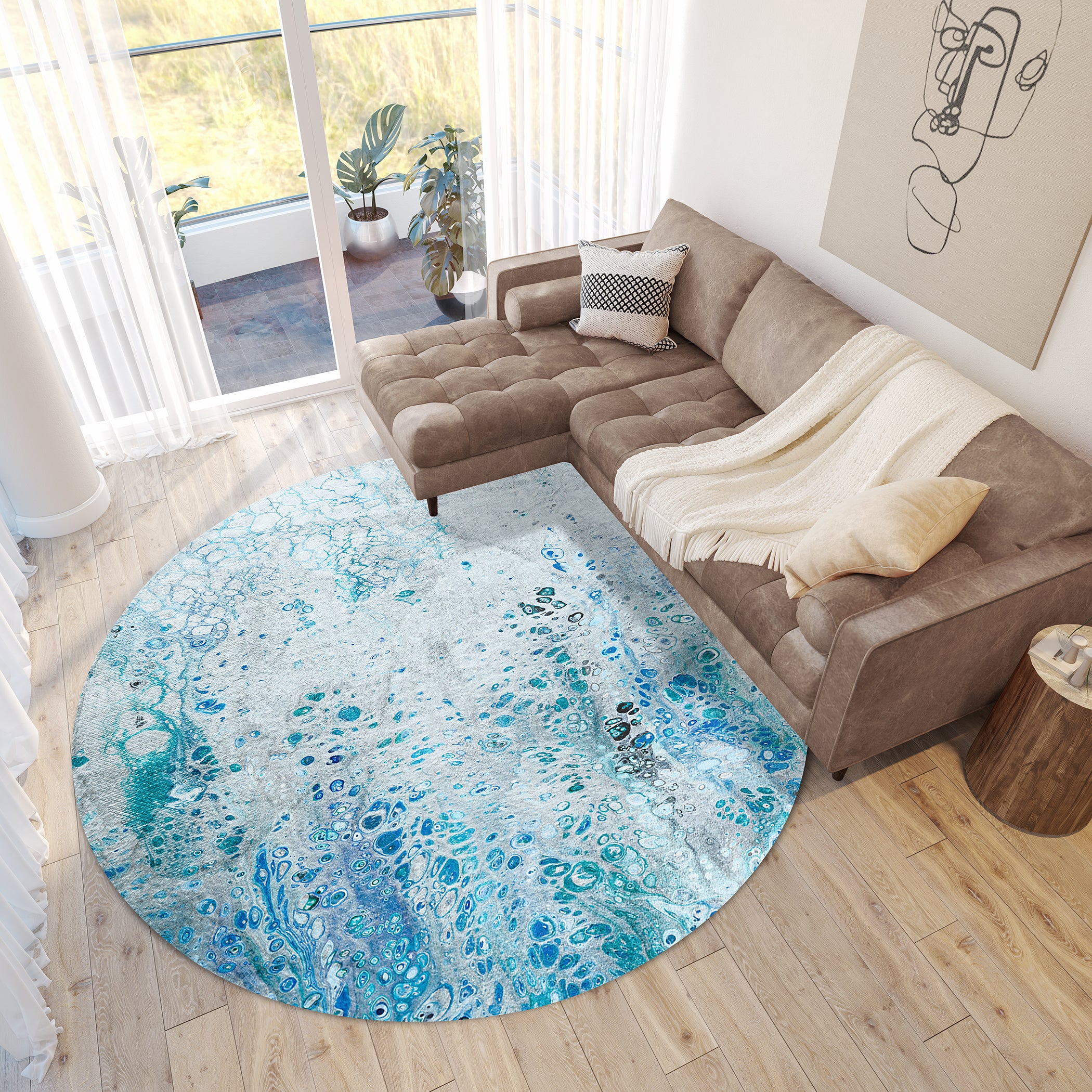 Luxury Machine Washable Contemporary KK18 Ocean Blue Rug 8' x 8' #shape_Round