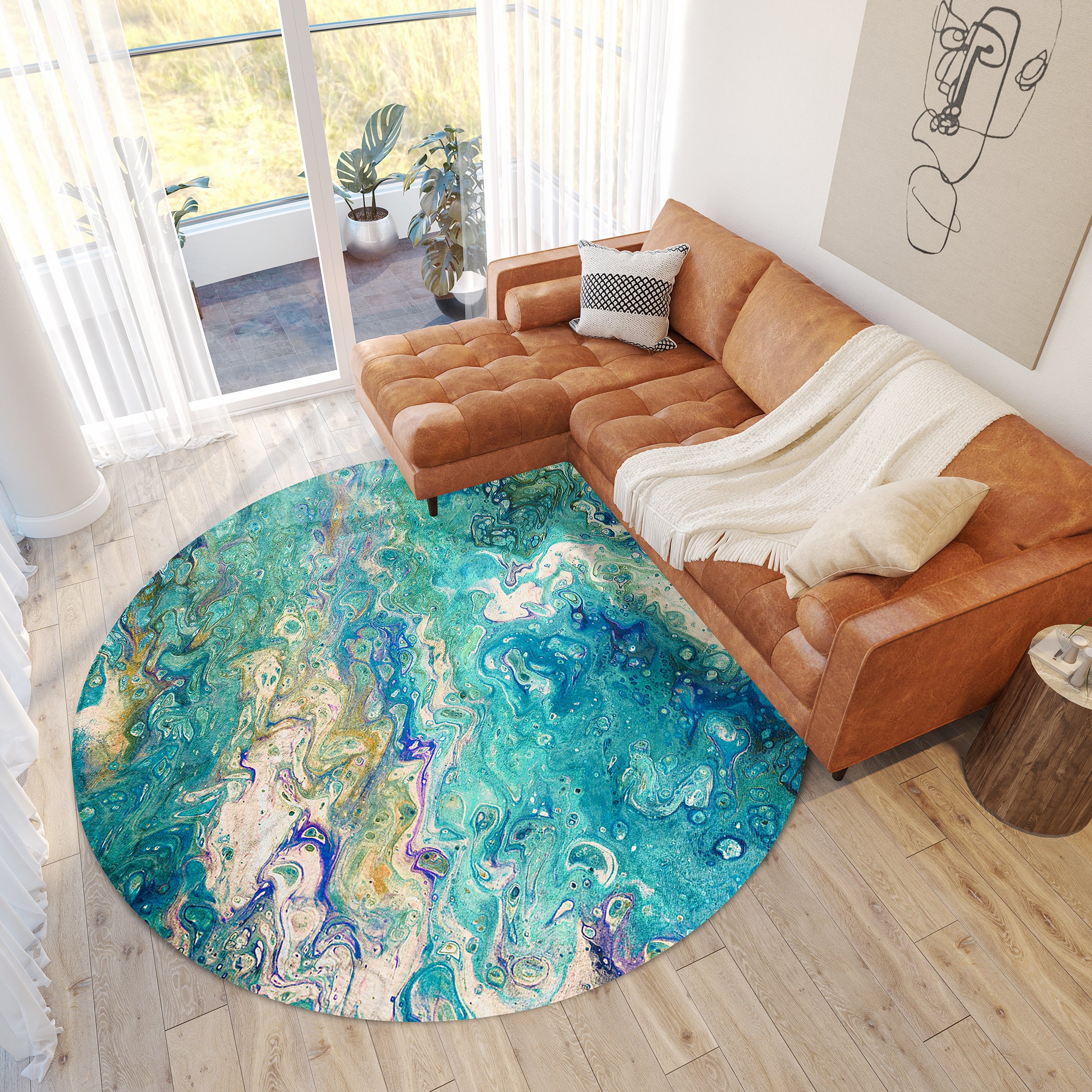 Luxury Machine Washable Contemporary KK4 Lagoon Blue Rug 8' x 8' #shape_Round