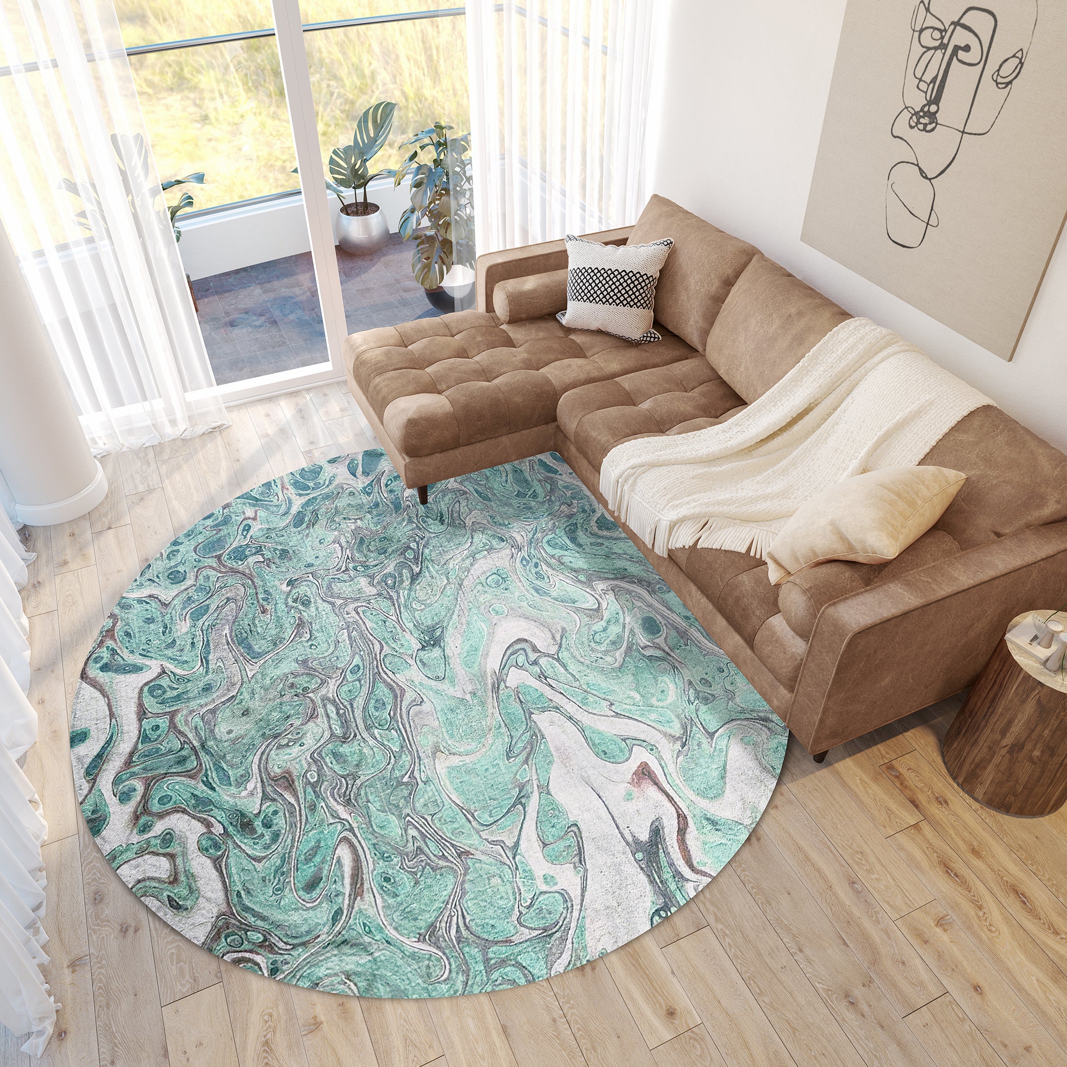 Luxury Machine Washable Contemporary KK9 Seaside Green Rug 8' x 8' #shape_Round
