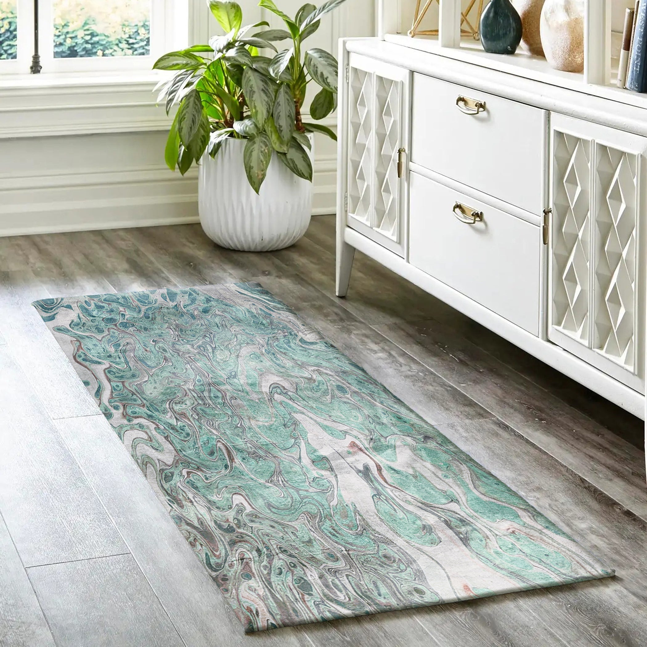 Luxury Machine Washable Contemporary KK9 Seaside Green Rug 2'3" x 7'6" #shape_Runner