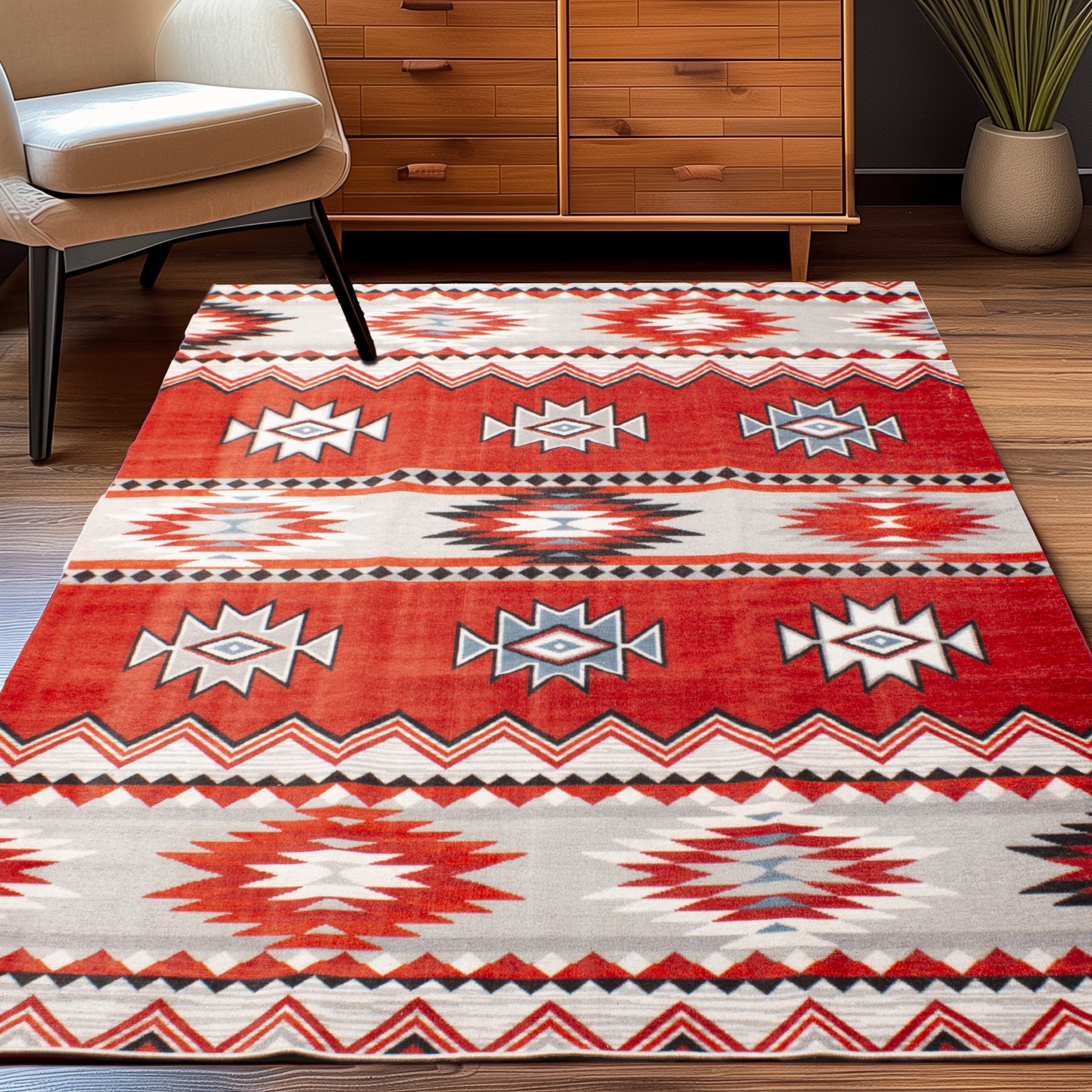 Machine Washable Southwestern Performance Non-Slip Area Rug - Made in Turkey #color_Red