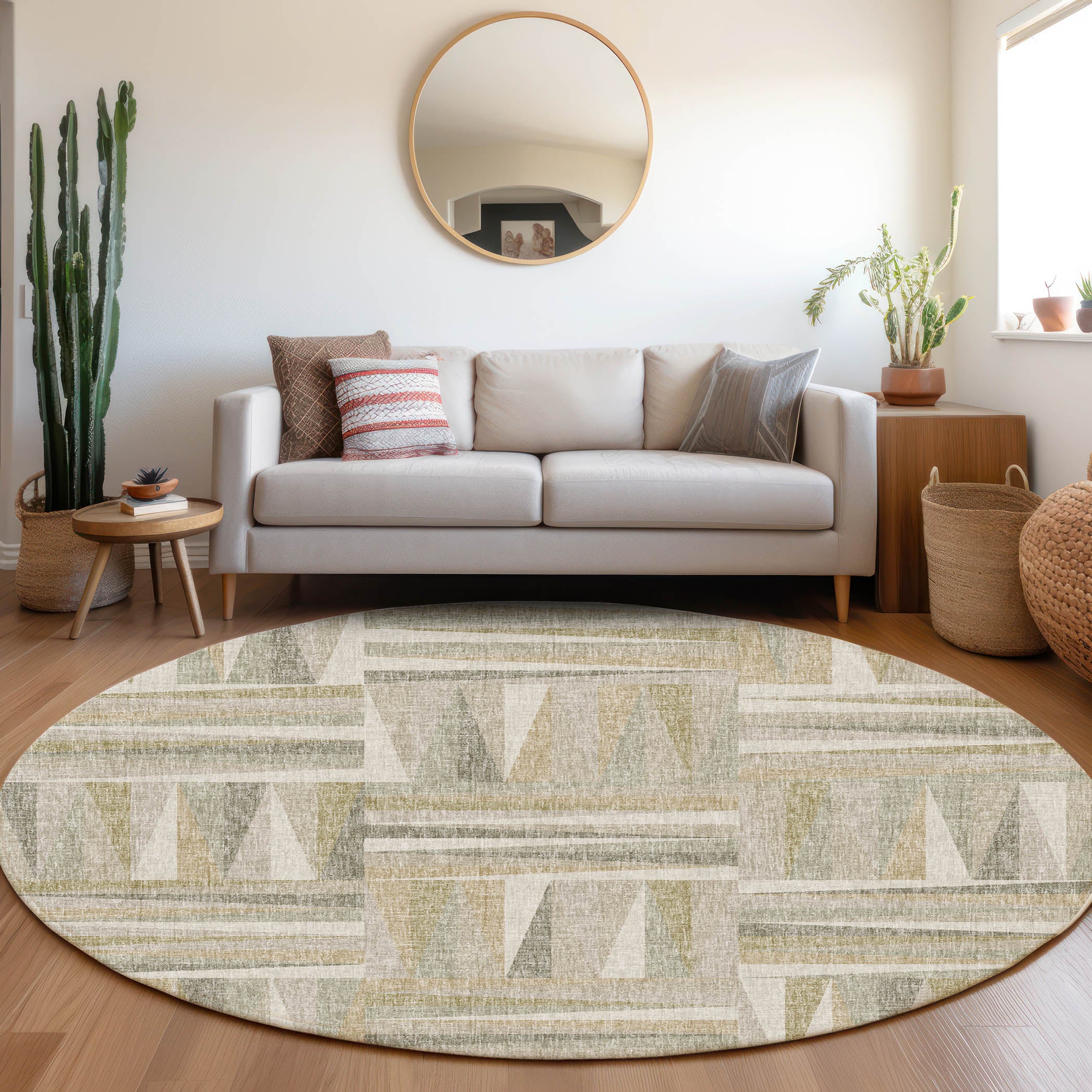 Luxury Washable Transitional LN2 Linen Ivory Rug 8' x 8' #shape_Round