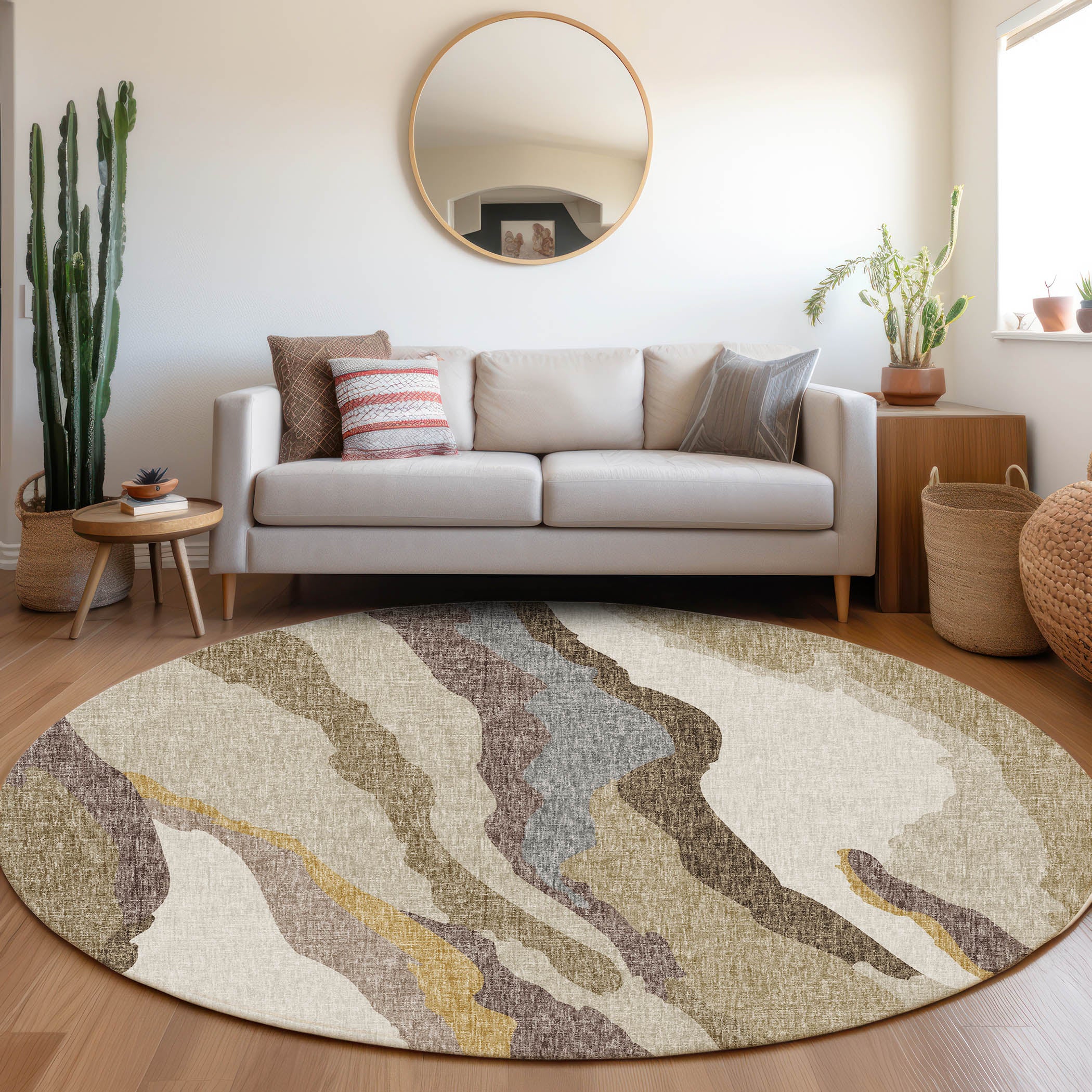 Luxury Washable Transitional LN4 Beige Brown Rug 8' x 8' #shape_Round