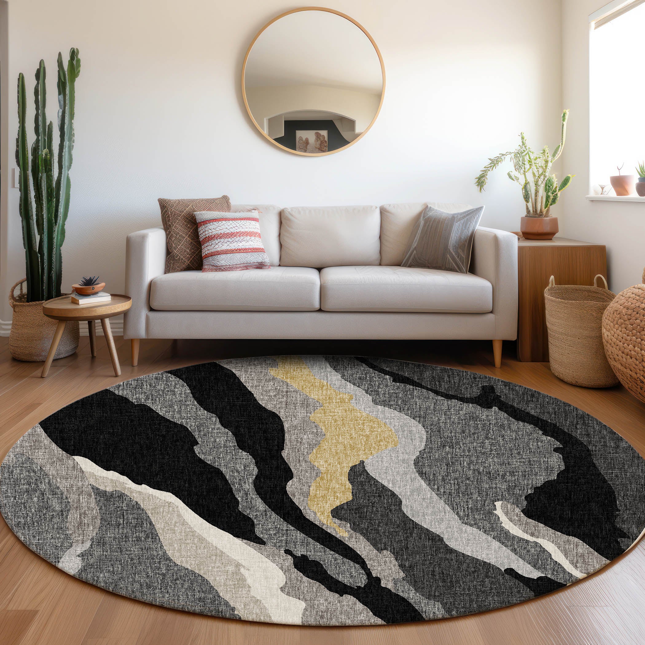 Luxury Washable Transitional LN4 Black Rug 8' x 8' #shape_Round