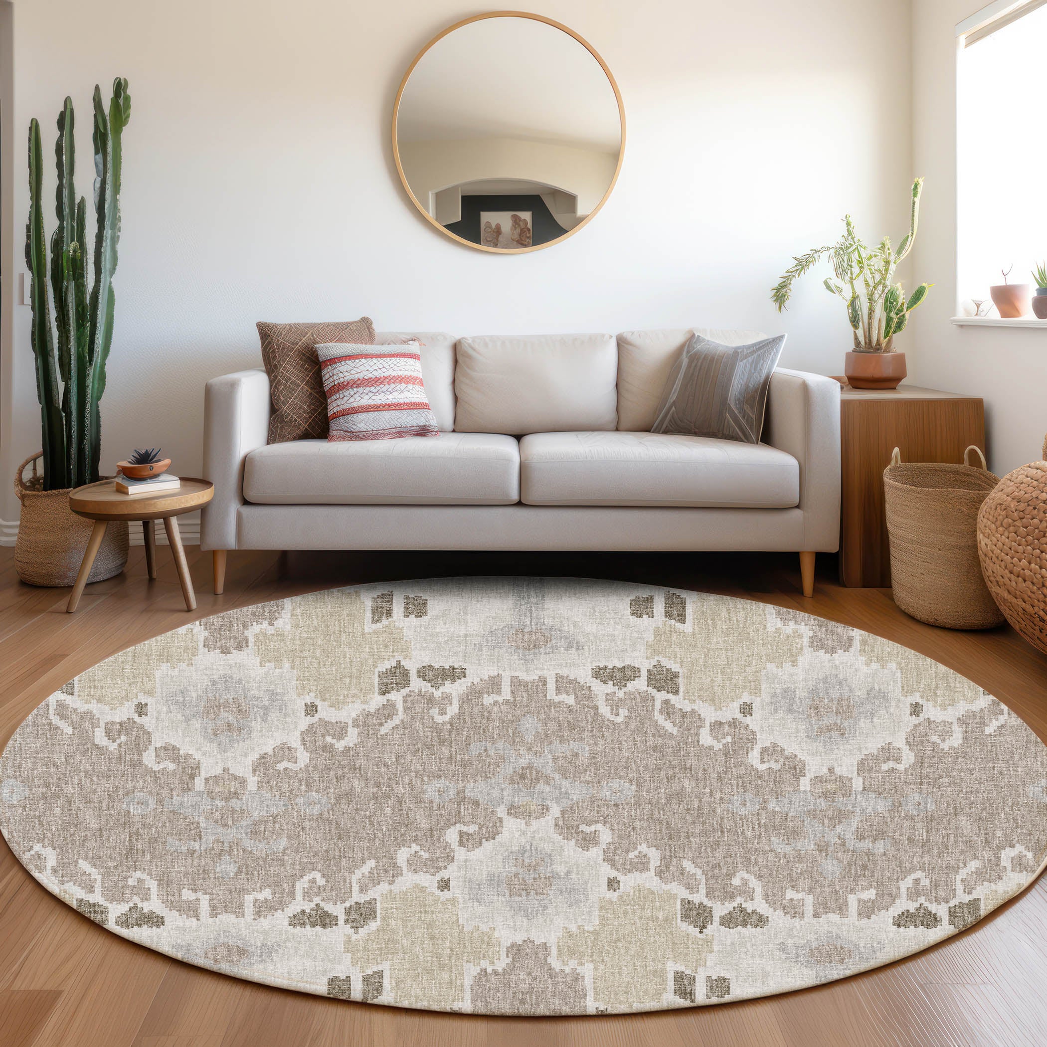 Luxury Washable Transitional LN5 Ivory Rug 8' x 8' #shape_Round