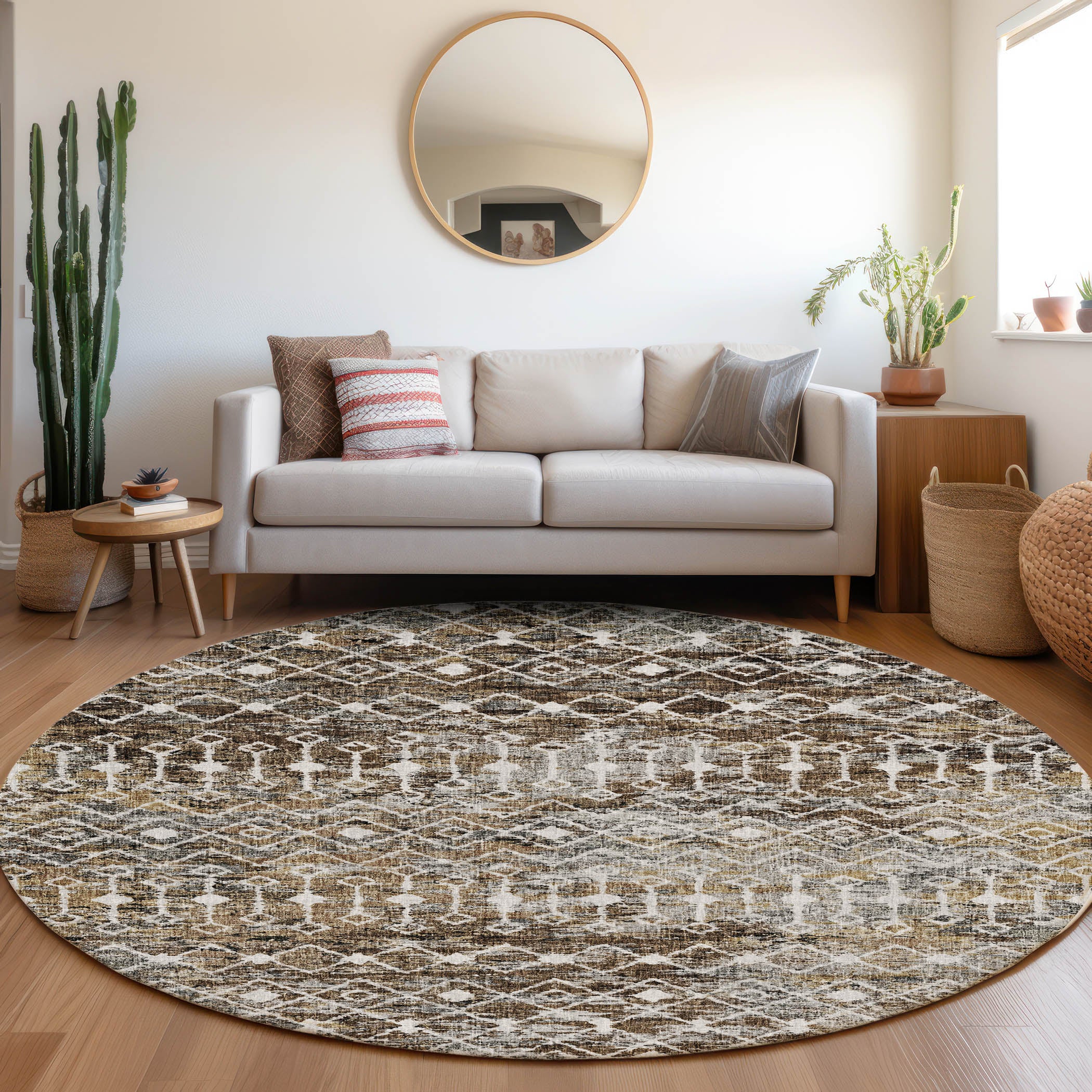Luxury Washable Transitional LN7 Brown Rug 8' x 8' #shape_Round