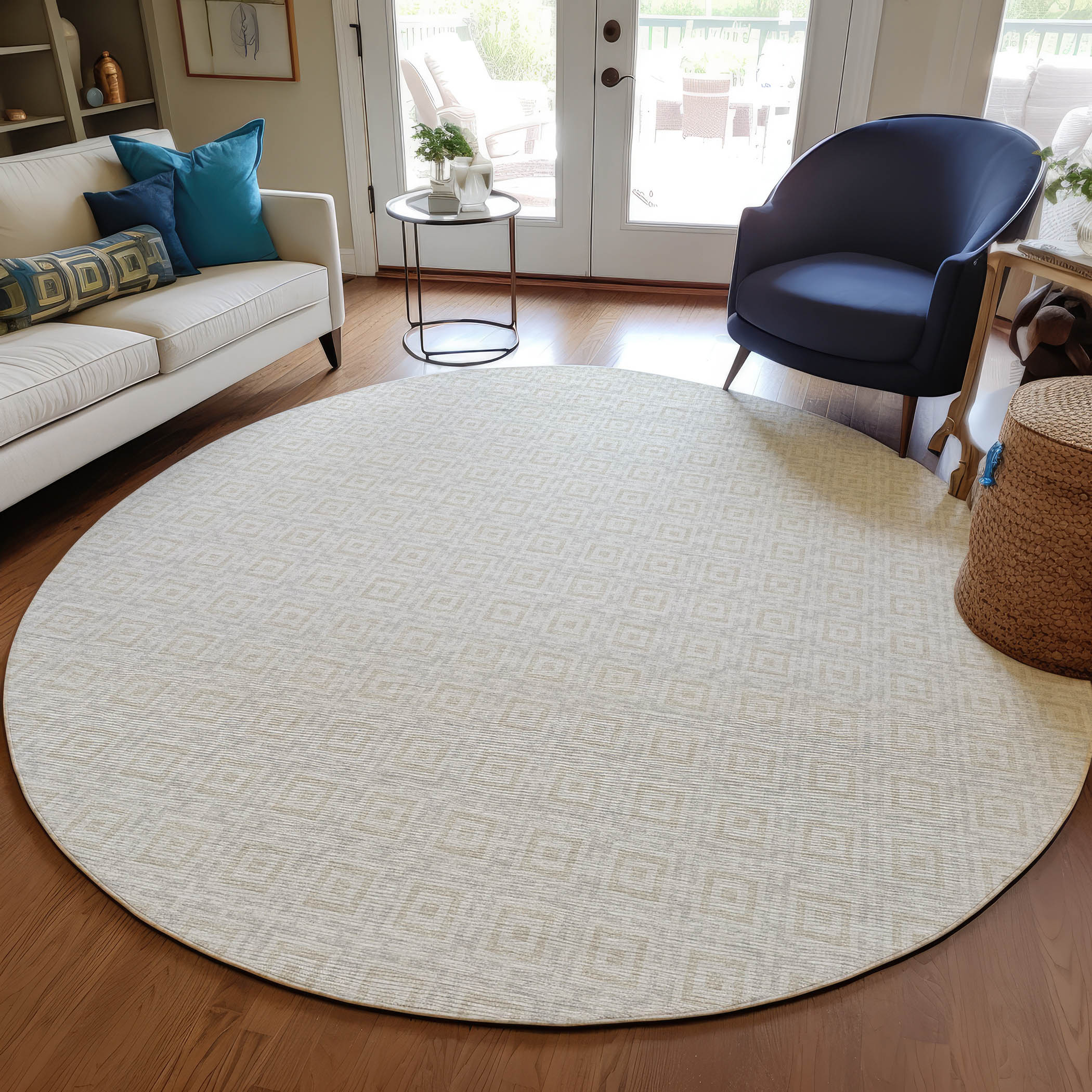 Luxury Machine Washable Indoor/Outdoor Transitional MO1 Linen Ivory Rug 4' x 4' #shape_Round