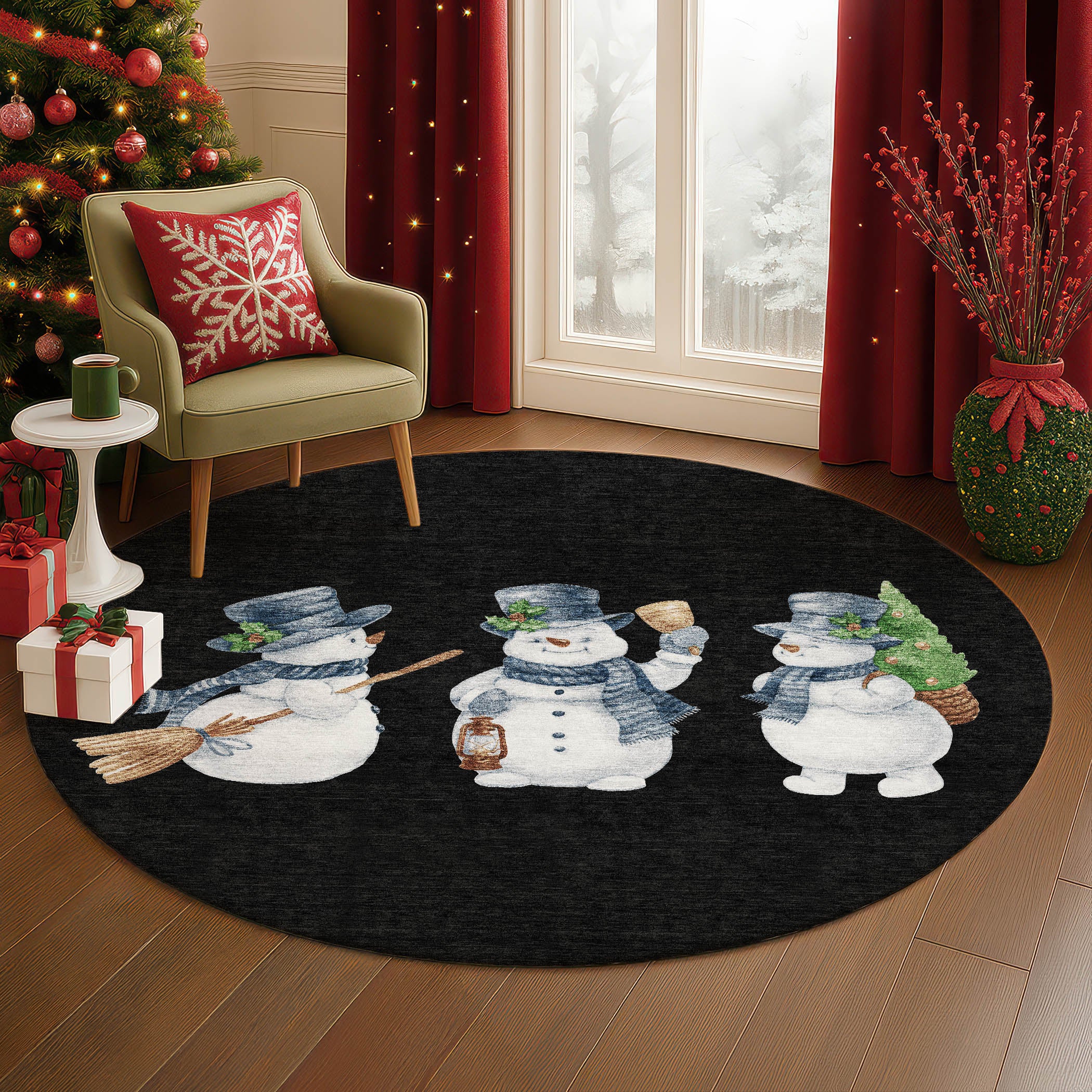 Luxury Washable Indoor/Outdoor Holiday MY28 Black Rug 8' x 8' #shape_Round