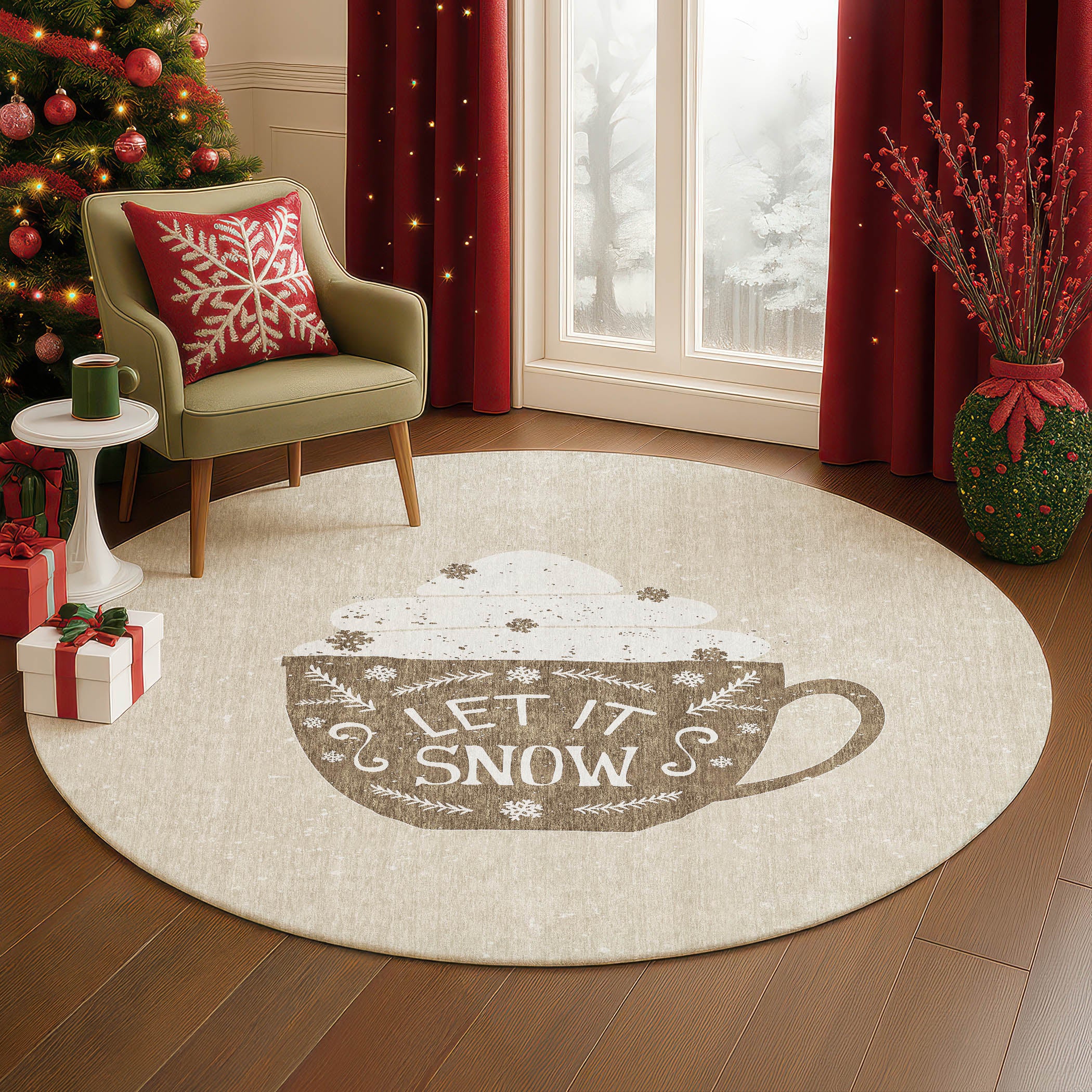Luxury Washable Indoor/Outdoor Holiday MY7 Beige Brown Rug 8' x 8' #shape_Round