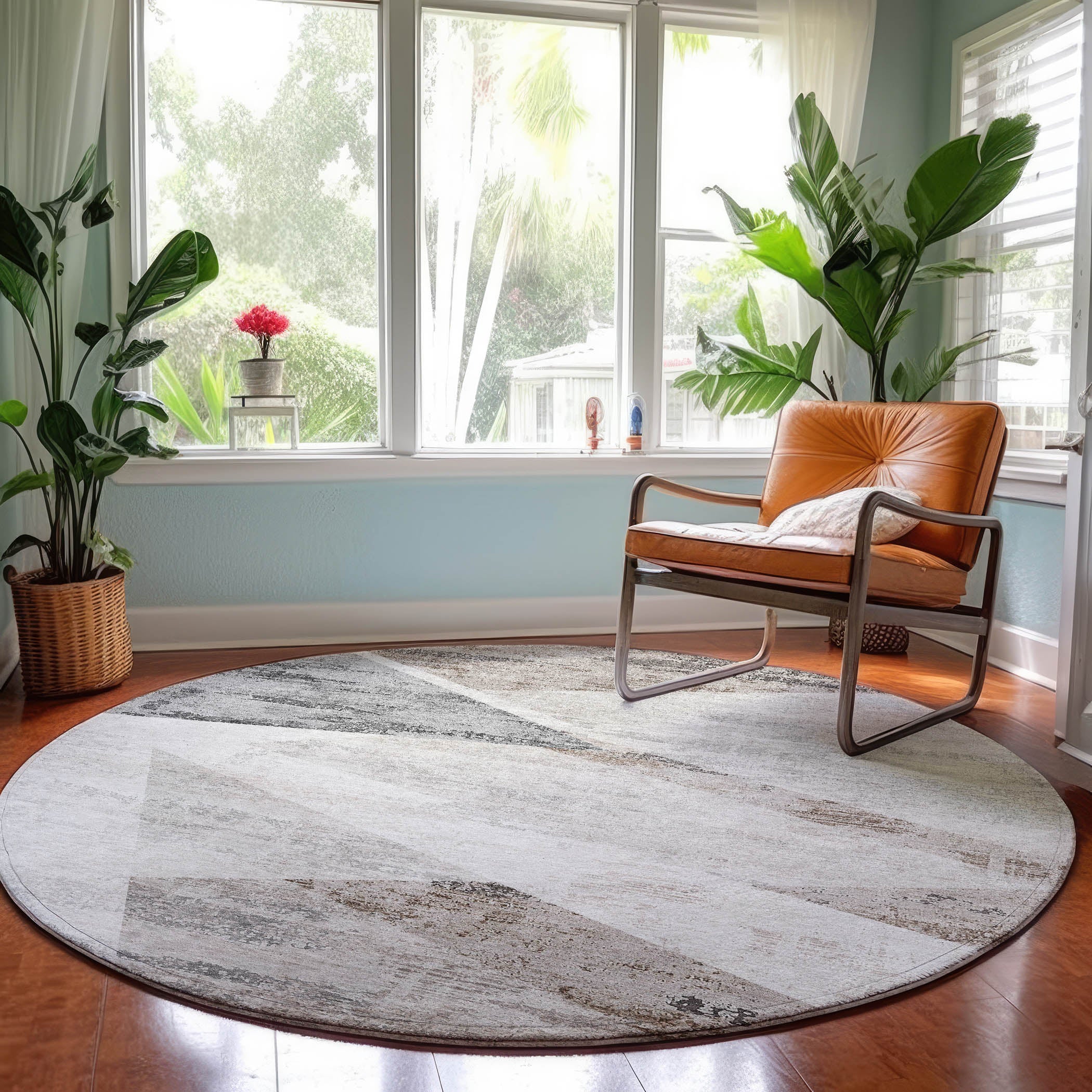 Luxury Machine Washable Indoor/Outdoor Transitional NO11 Silver Gray Rug 8' x 8' #shape_Round