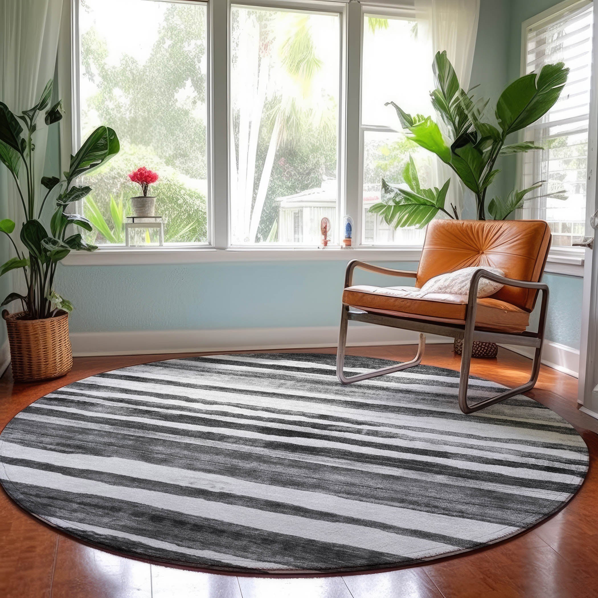 Luxury Machine Washable Indoor/Outdoor Transitional NO16 Charcoal Gray Rug 8' x 8' #shape_Round
