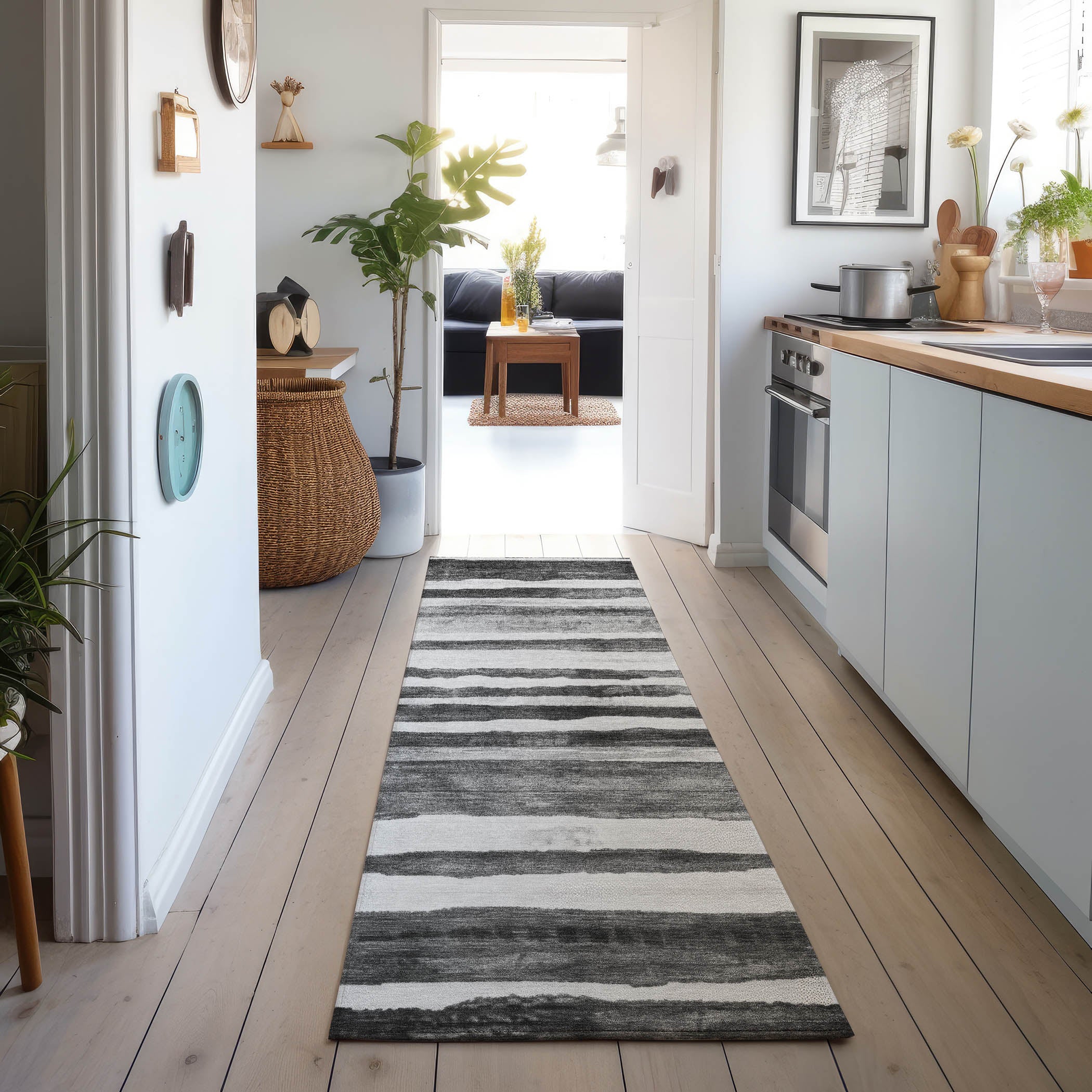 Luxury Machine Washable Indoor/Outdoor Transitional NO16 Charcoal Gray Rug 2'3" x 7'6" #shape_Runner