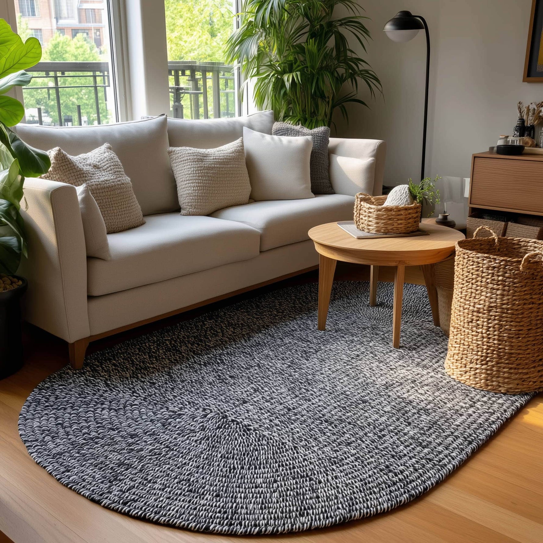 Black, White Braided Indoor Outdoor Polypropylene Rug 5' X 8' #shape_Oval