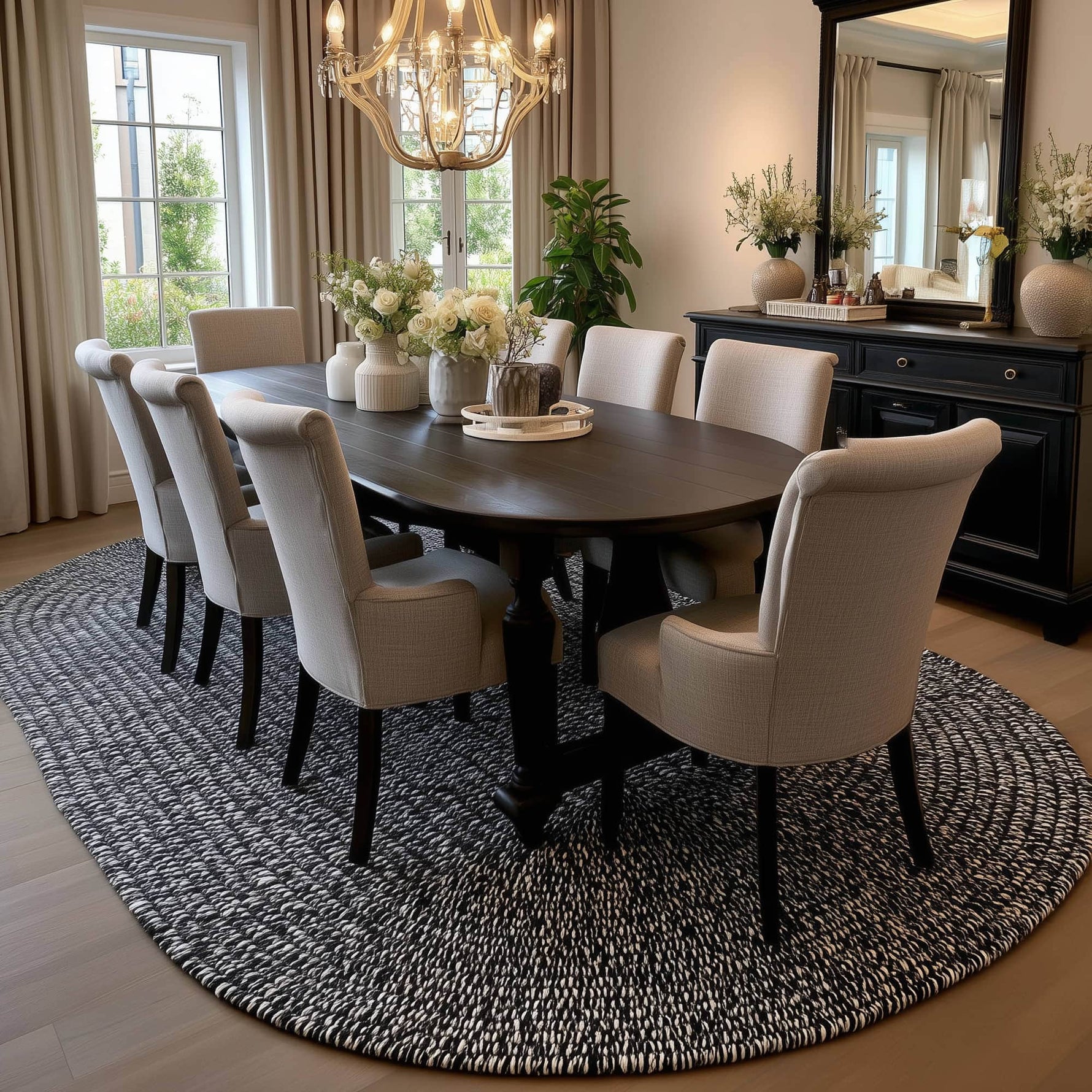 Black, White Braided Indoor Outdoor Polypropylene Rug 7' X 9' #shape_Oval