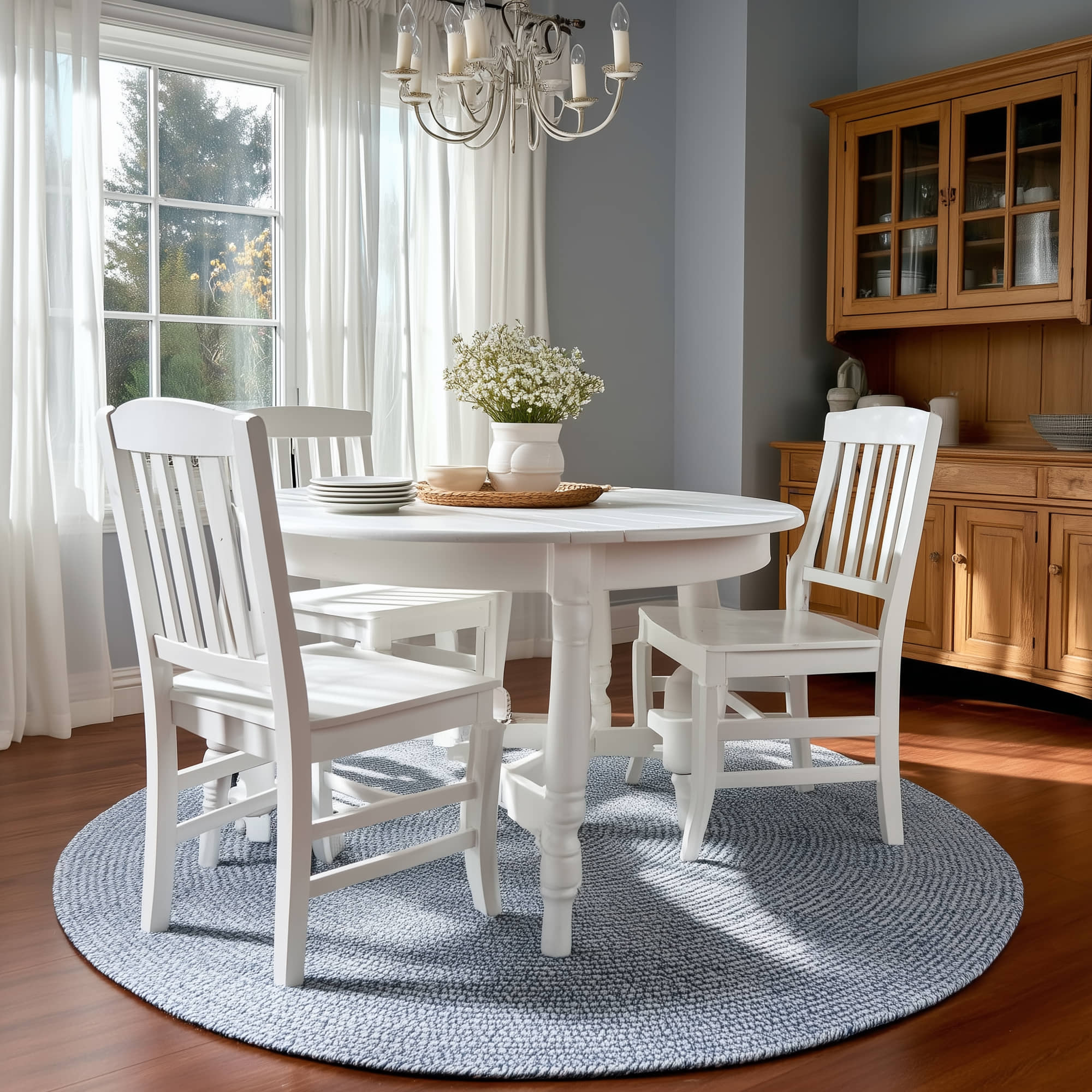 Navy Blue, White Braided Indoor Outdoor Polypropylene Rug 4' #shape_Round