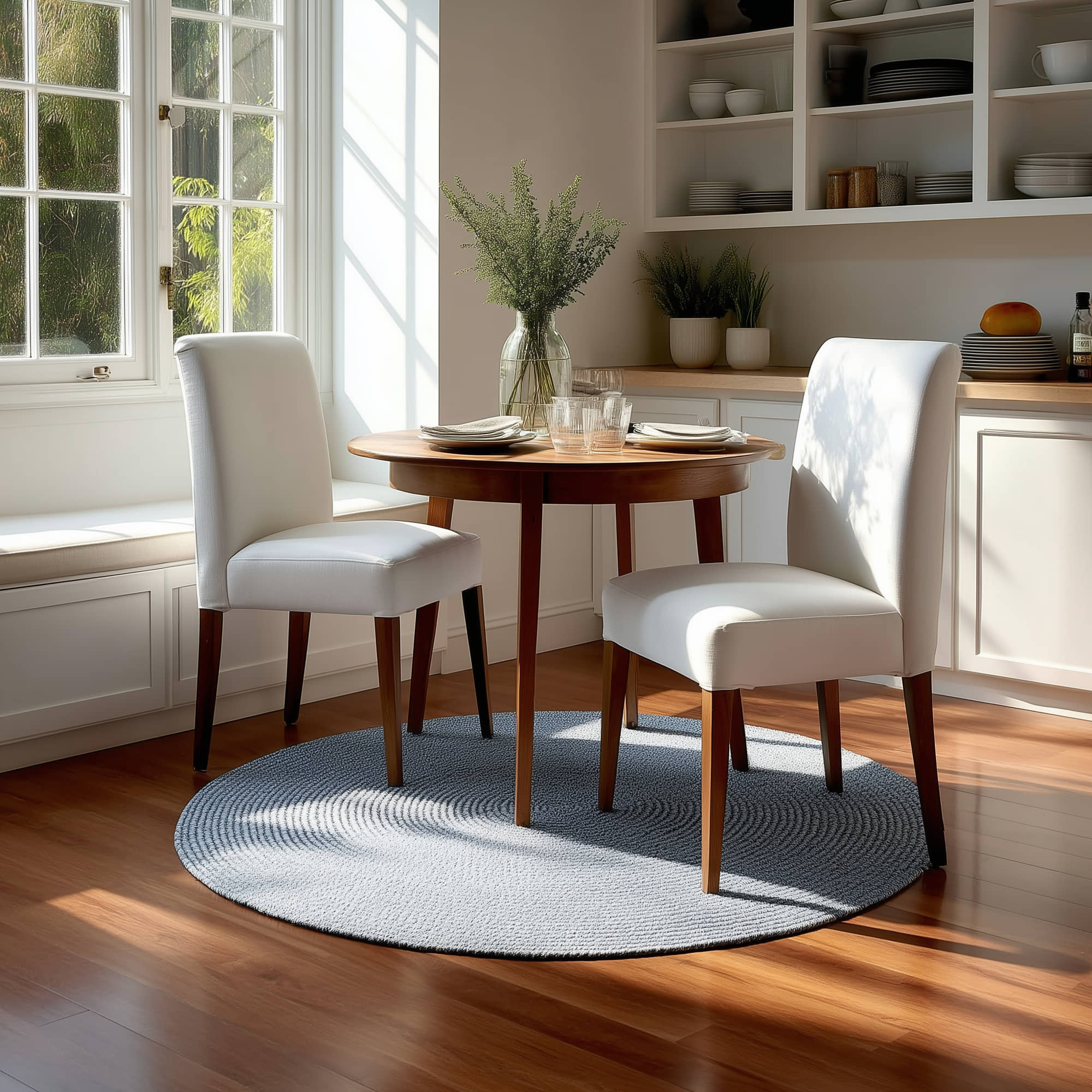 Navy Blue, White Braided Indoor Outdoor Polypropylene Rug 4' #shape_Round