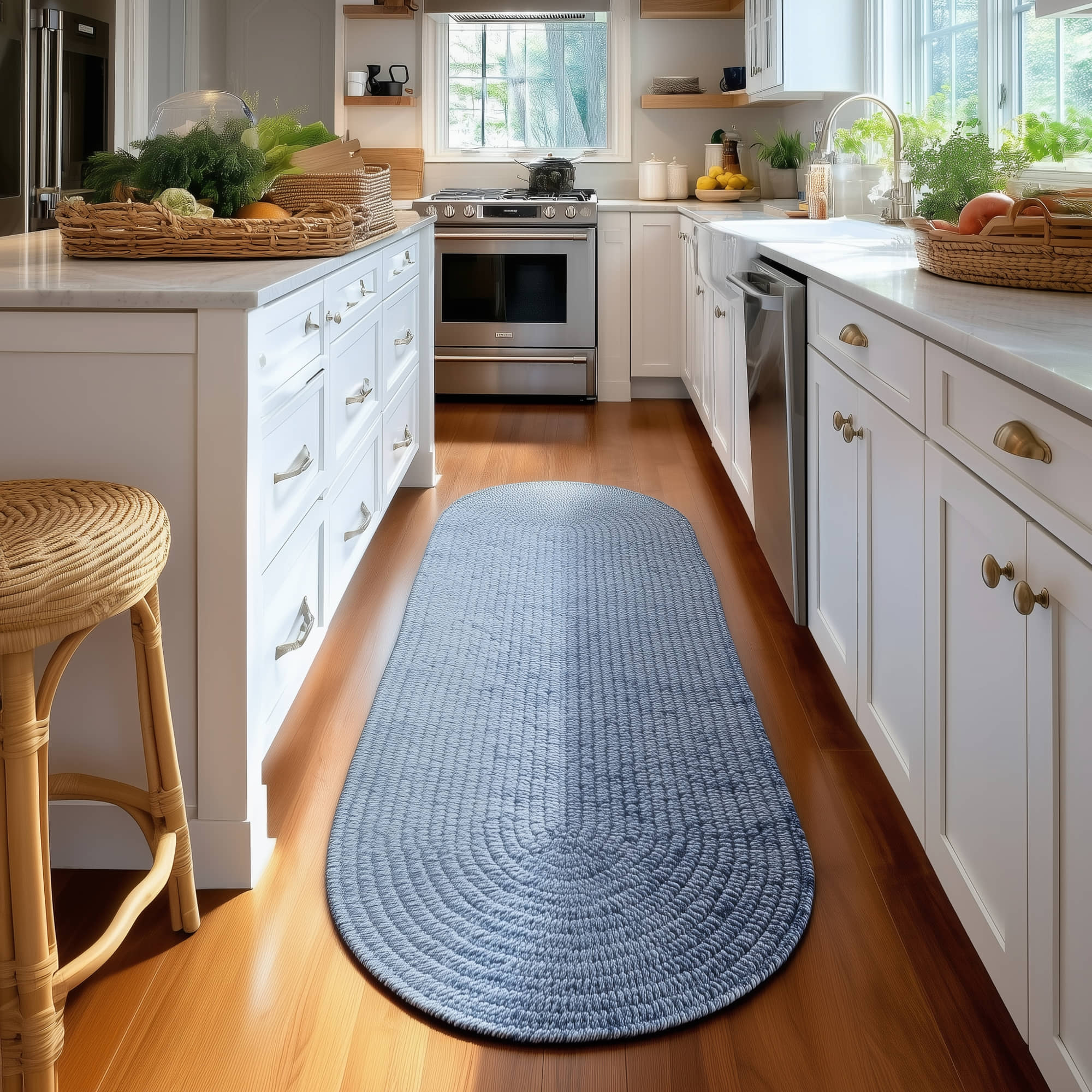 Navy Blue, White Braided Indoor Outdoor Polypropylene Rug 2' X 6' #shape_Runner