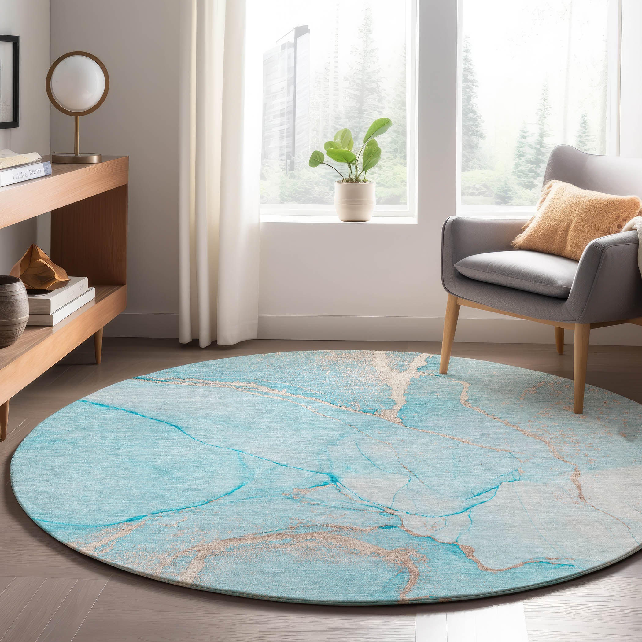 Luxury Washable Indoor/Outdoor Transitional OY7 Teal Rug 8' x 8' #shape_Round