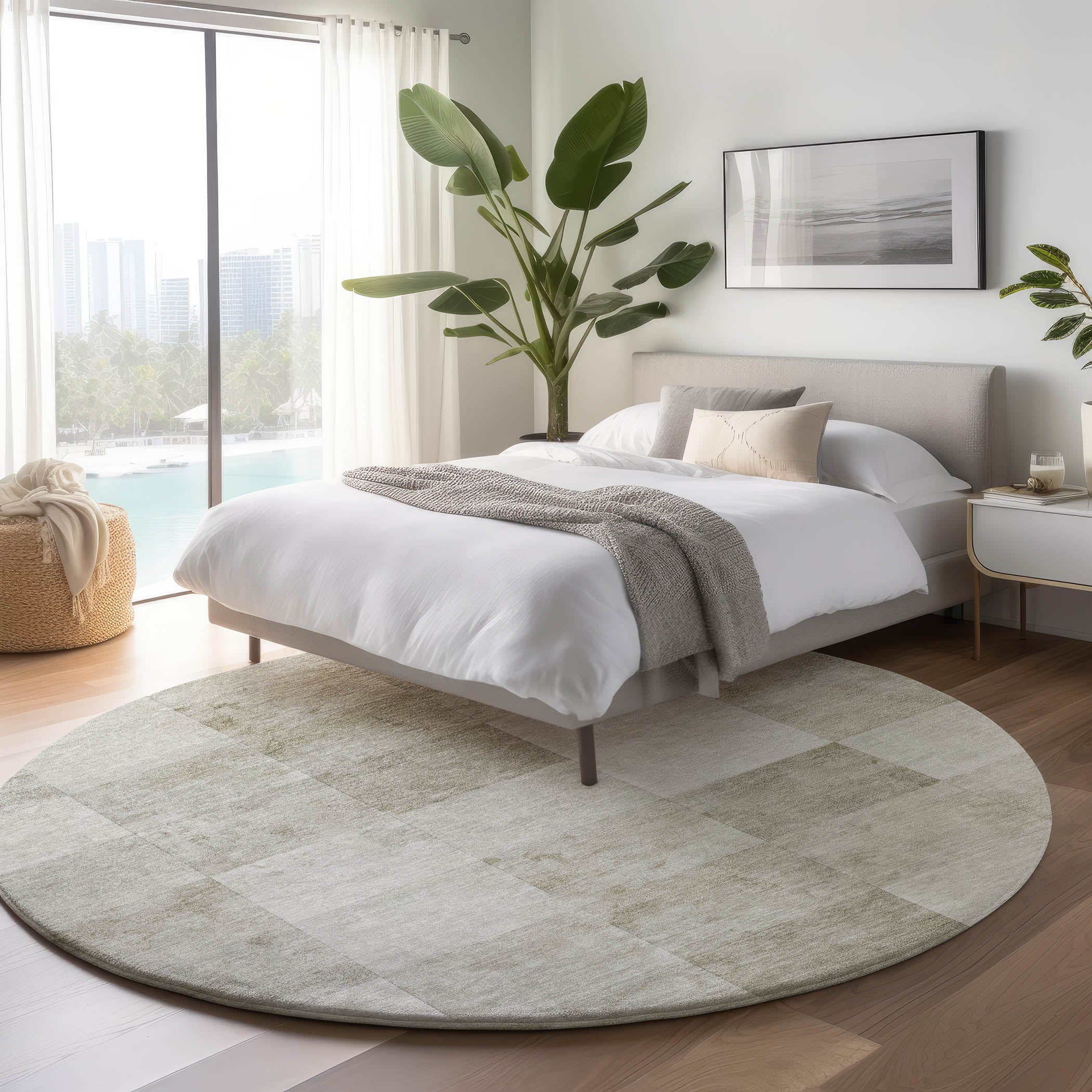 Luxury Machine Washable Indoor/Outdoor Transitional PA10 Beige Brown Rug 8' x 8' #shape_Round