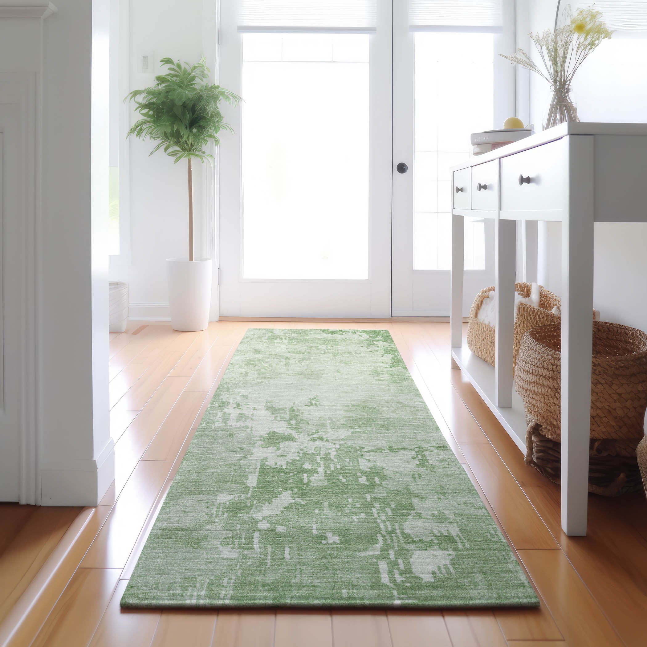 Luxury Machine Washable Indoor/Outdoor Transitional PA11 Mint Green Rug 2'3" x 7'6" #shape_Runner