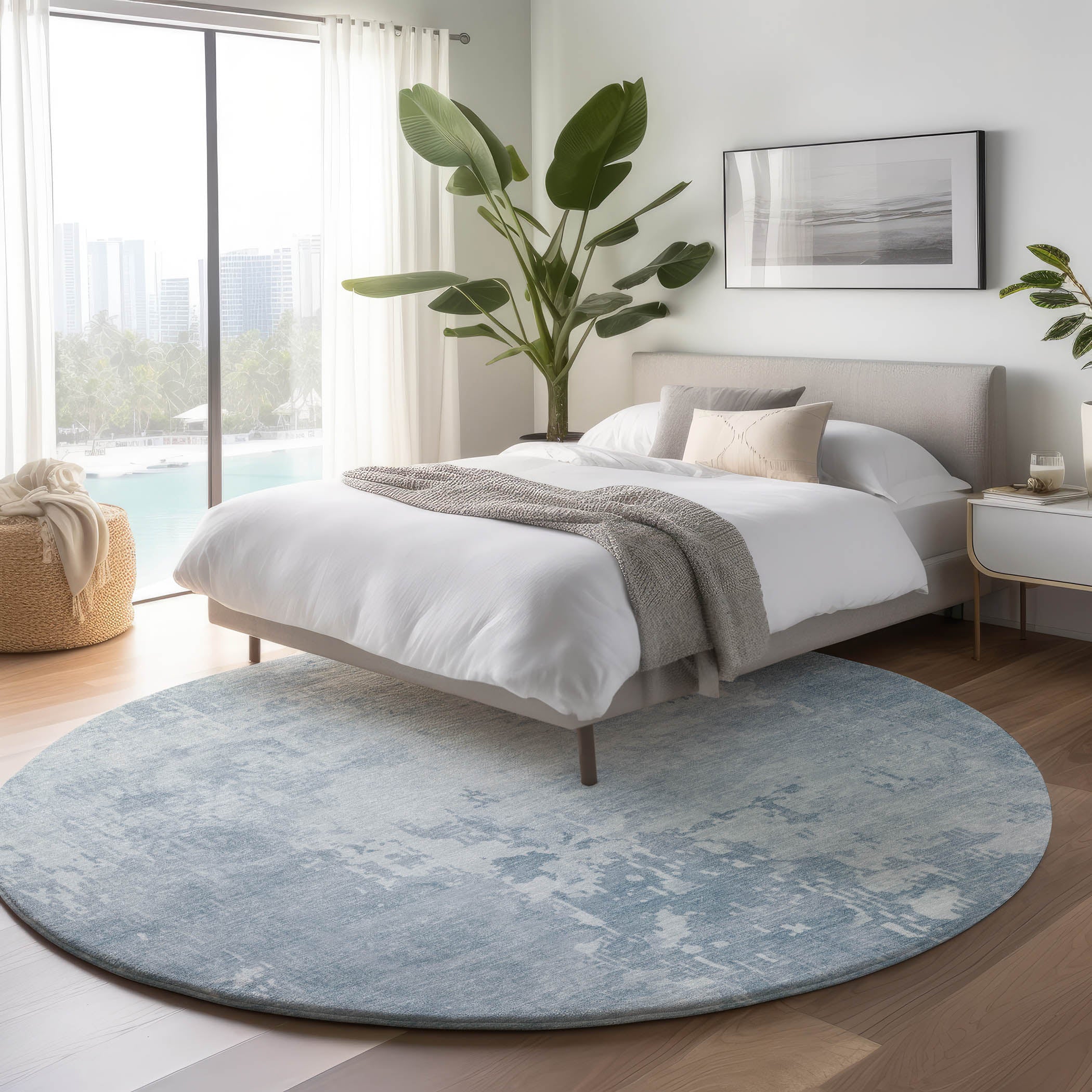 Luxury Machine Washable Indoor/Outdoor Transitional PA11 Sky Blue Rug 8' x 8' #shape_Round