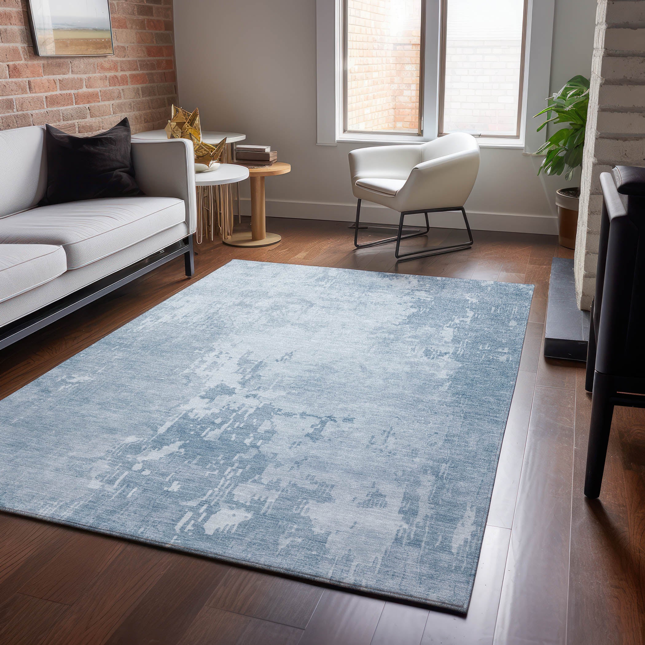 Luxury Machine Washable Indoor/Outdoor Transitional PA11 Sky Blue Rug 2'6" x 3'10" #shape_Rectangle
