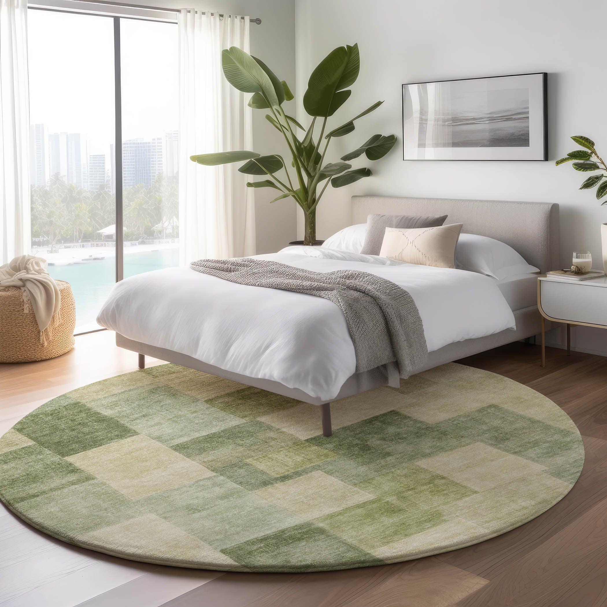 Luxury Machine Washable Indoor/Outdoor Transitional PA12 Aloe Green Rug 8' x 8' #shape_Round