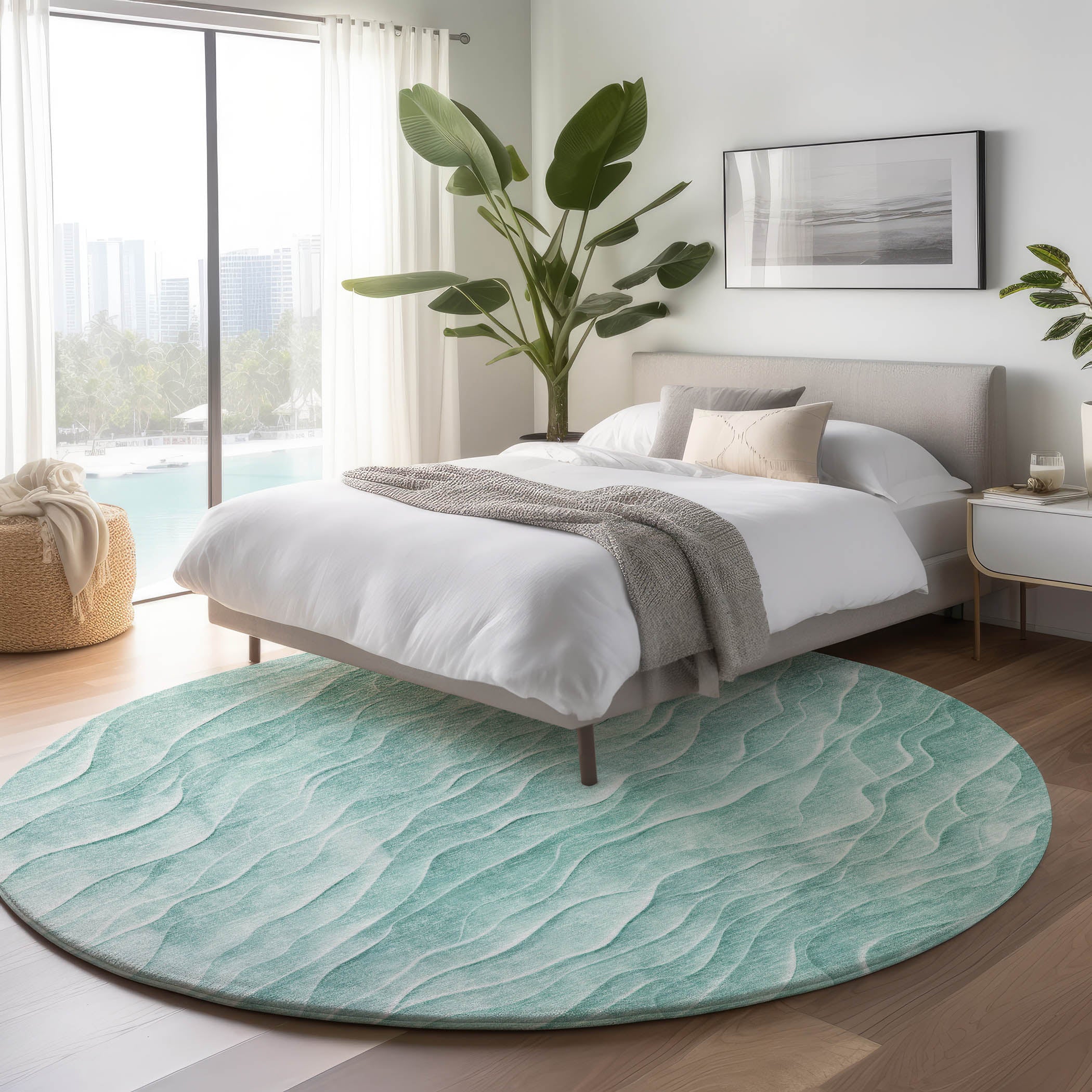Luxury Machine Washable Indoor/Outdoor Transitional PA1 Aqua Teal Rug 8' x 8' #shape_Round