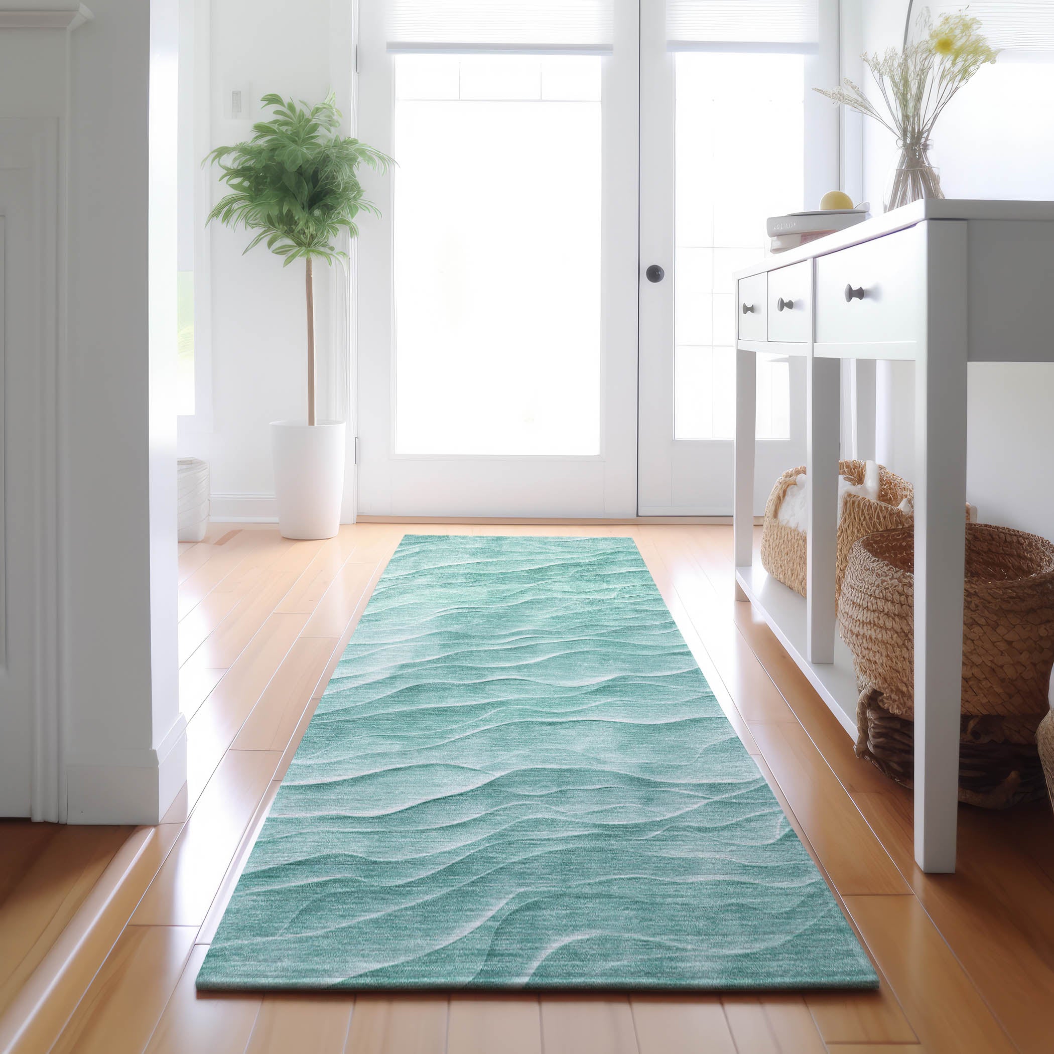 Luxury Machine Washable Indoor/Outdoor Transitional PA1 Aqua Teal Rug 2'3" x 7'6" #shape_Runner