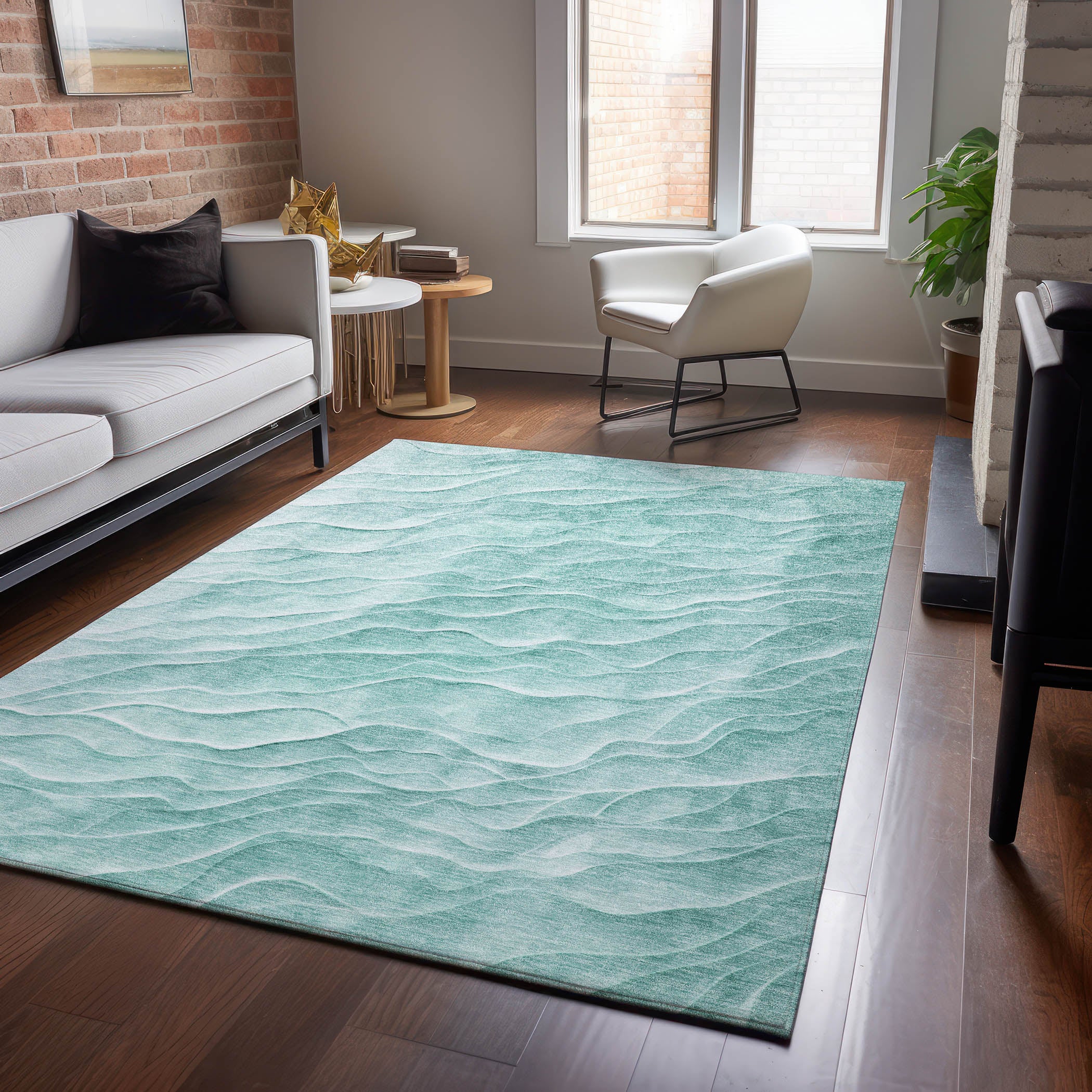 Luxury Machine Washable Indoor/Outdoor Transitional PA1 Aqua Teal Rug 2'6" x 3'10" #shape_Rectangle