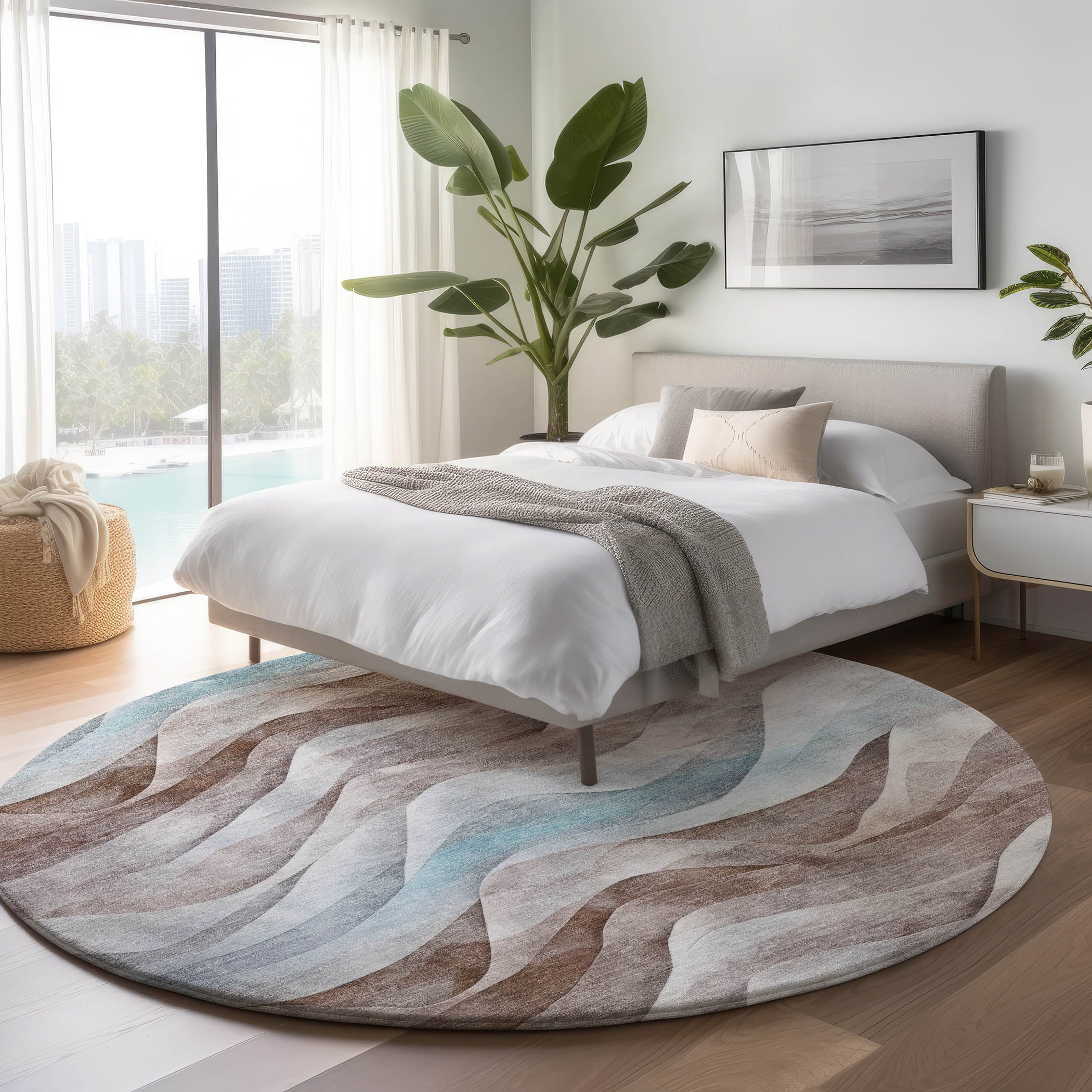 Luxury Machine Washable Indoor/Outdoor Transitional PA3 Mocha Brown Rug 8' x 8' #shape_Round