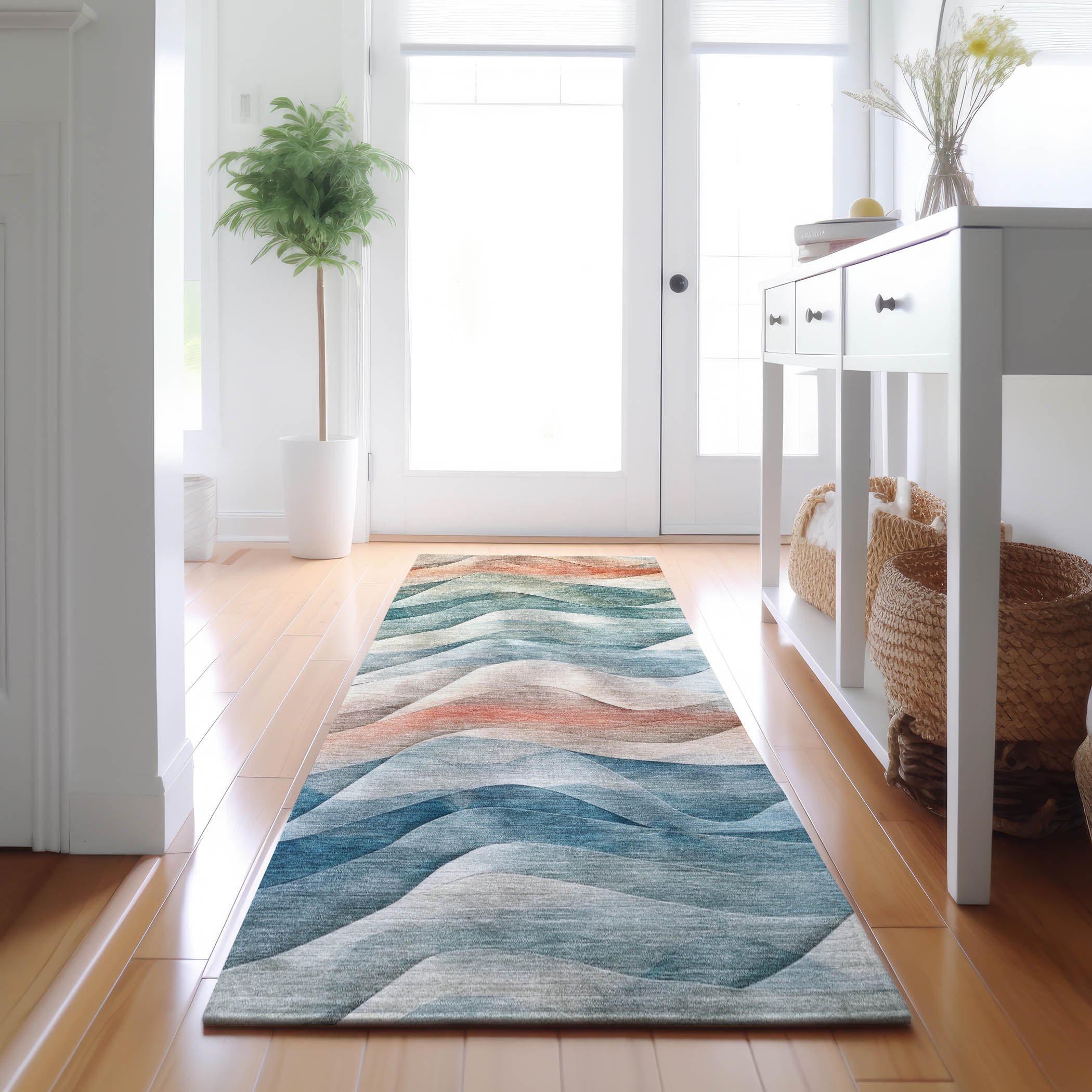 Luxury Machine Washable Indoor/Outdoor Transitional PA3 Teal Rug 2'3" x 7'6" #shape_Runner