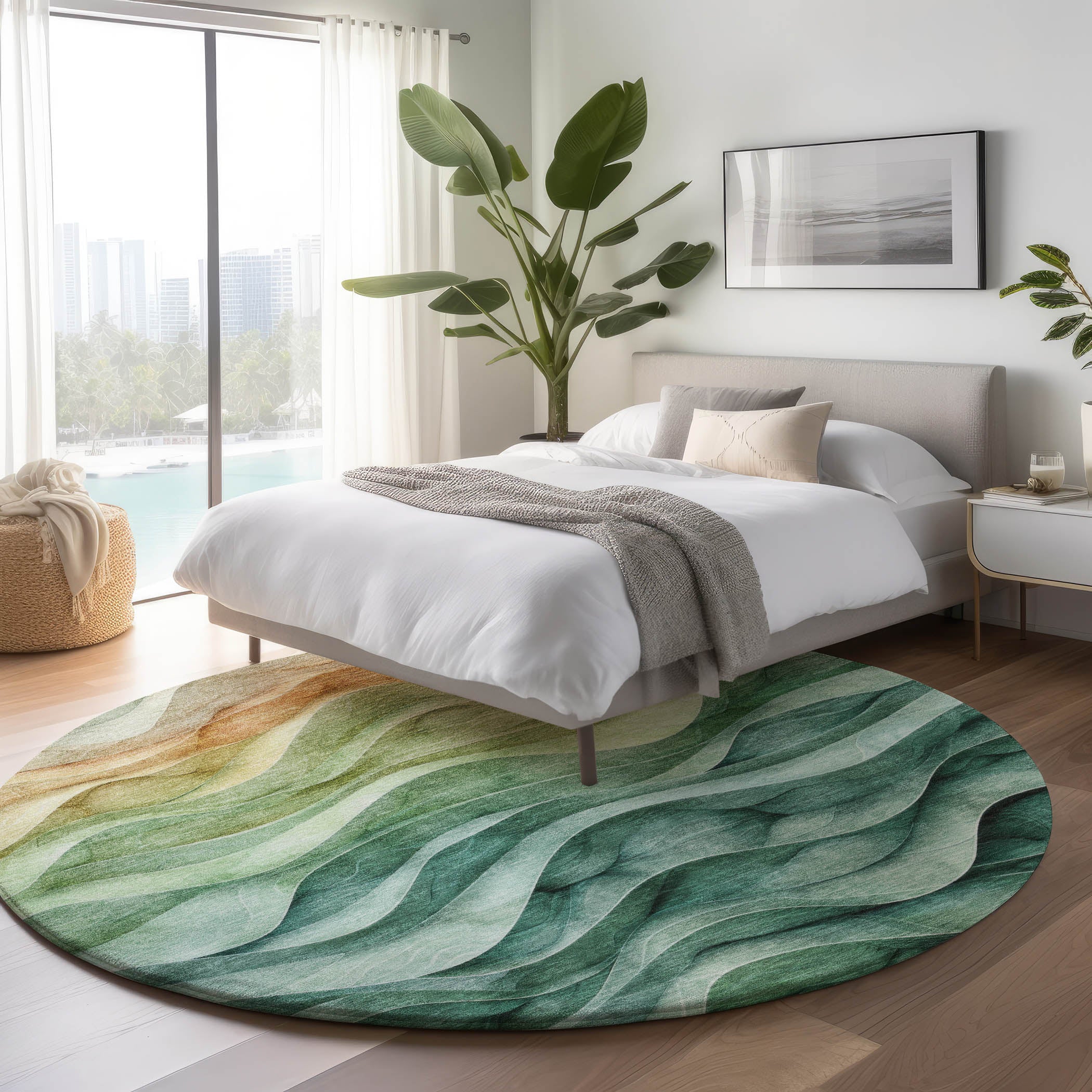 Luxury Machine Washable Indoor/Outdoor Transitional PA4 Teal Rug 8' x 8' #shape_Round