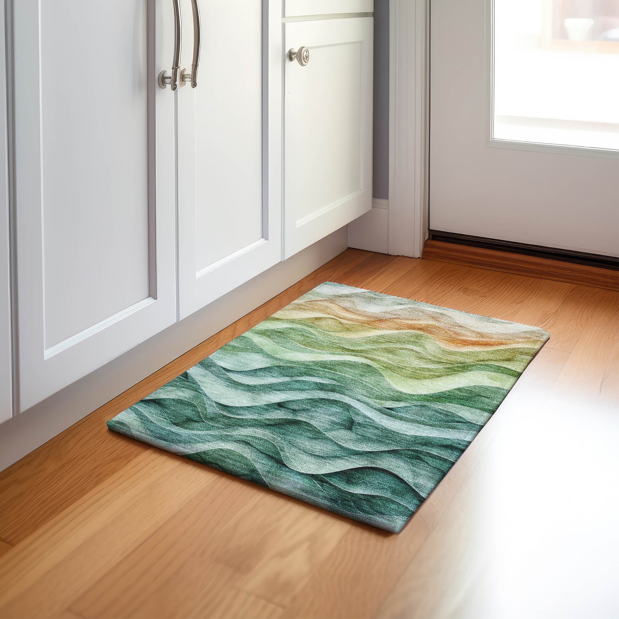 Luxury Machine Washable Indoor/Outdoor Transitional PA4 Teal Rug 1'8" x 2'6" #shape_Rectangle