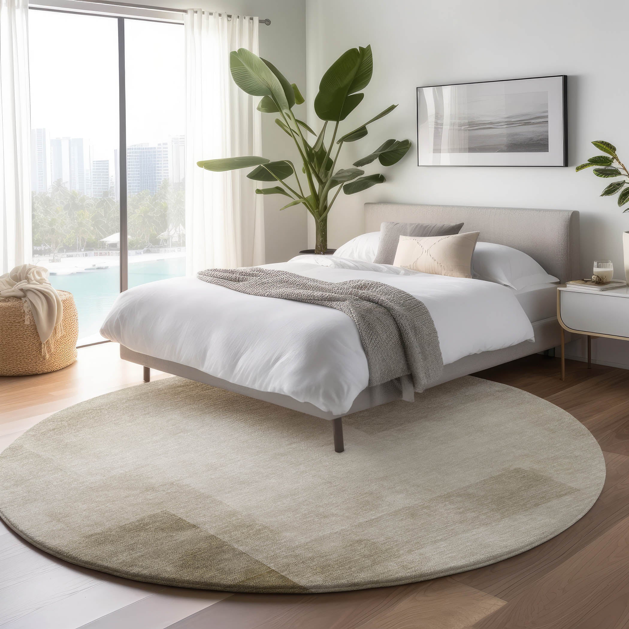 Luxury Machine Washable Indoor/Outdoor Transitional PA5 Khaki Brown Rug 8' x 8' #shape_Round
