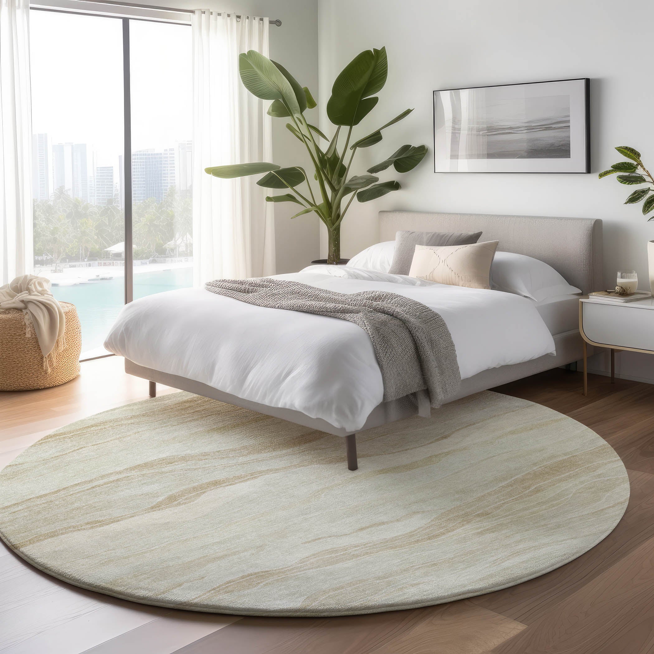 Luxury Machine Washable Indoor/Outdoor Transitional PA6 Beige Brown Rug 8' x 8' #shape_Round