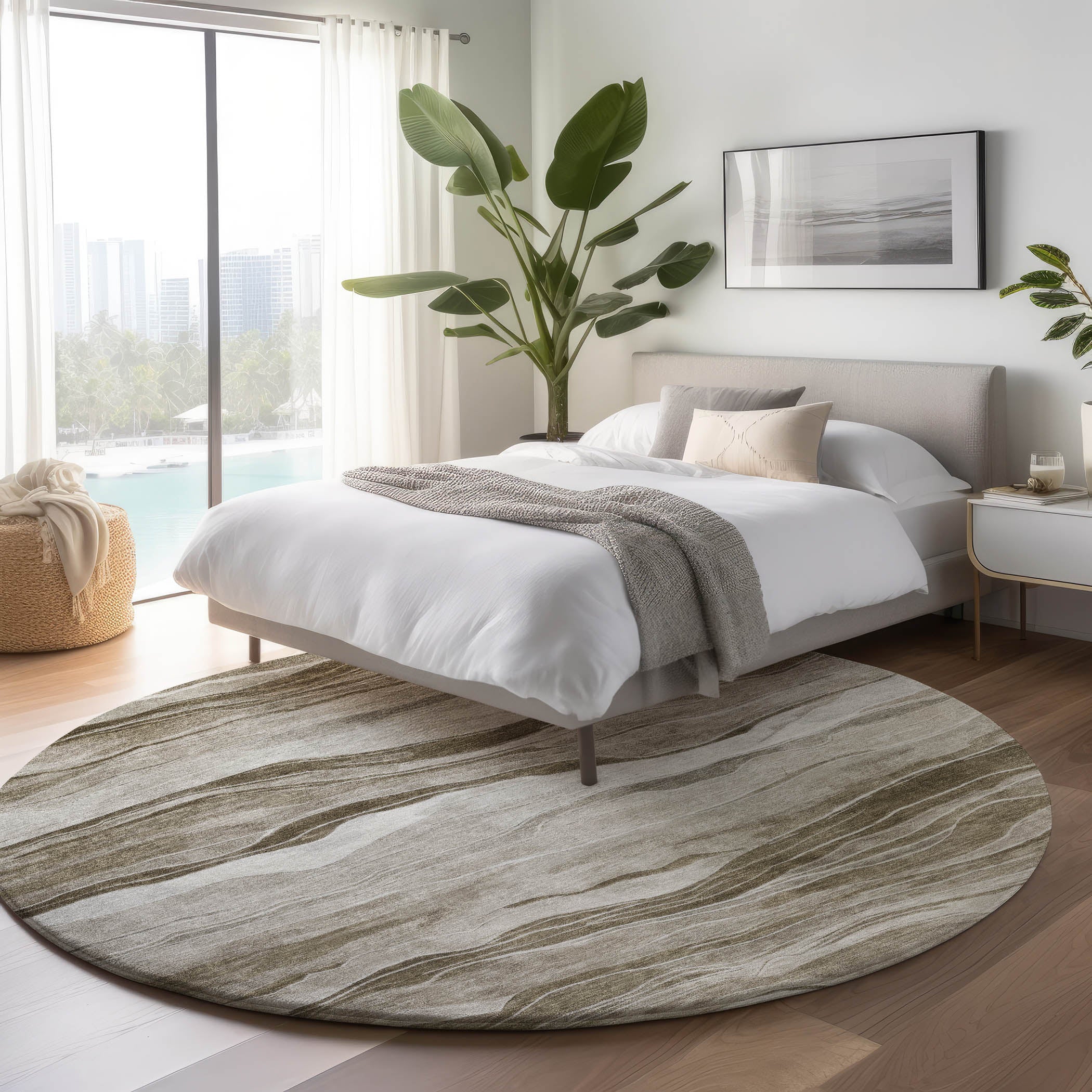 Luxury Machine Washable Indoor/Outdoor Transitional PA6 Brown Rug 8' x 8' #shape_Round