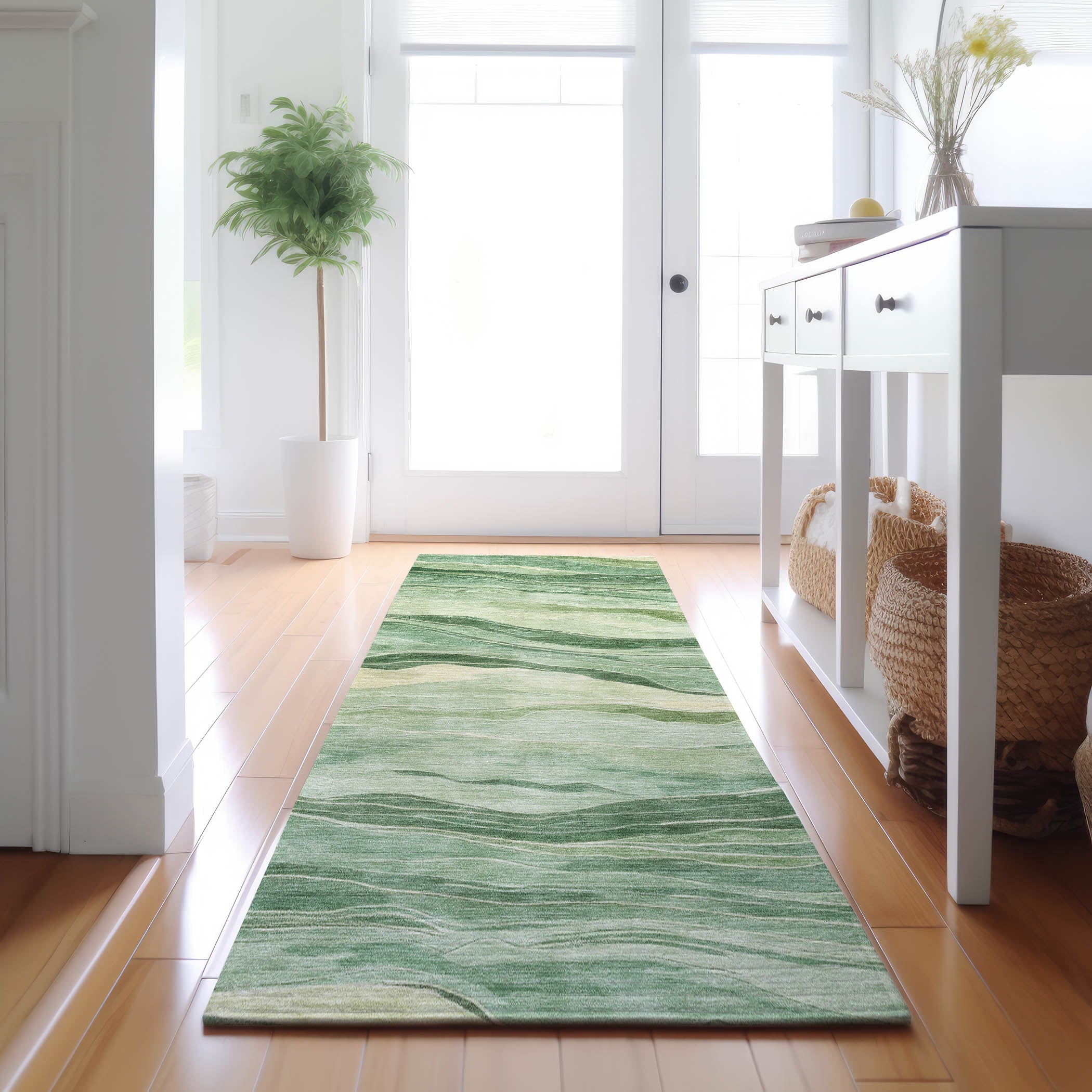 Luxury Machine Washable Indoor/Outdoor Transitional PA6 Green Rug 2'3" x 7'6" #shape_Runner