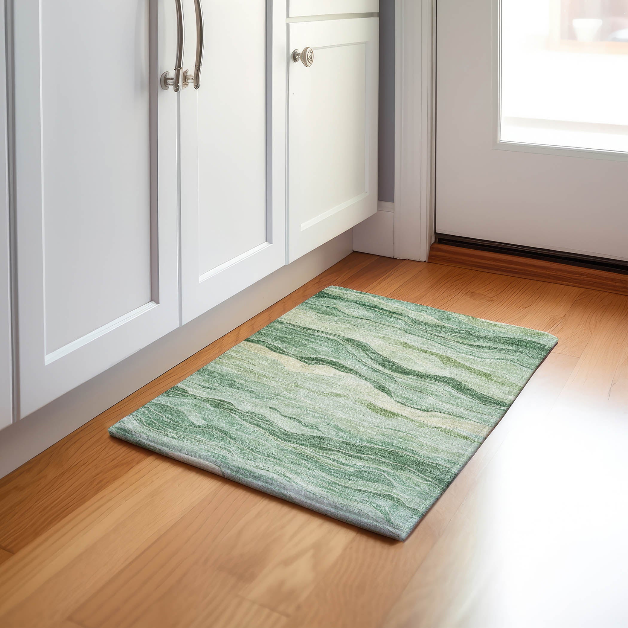 Luxury Machine Washable Indoor/Outdoor Transitional PA6 Green Rug 1'8" x 2'6" #shape_Rectangle