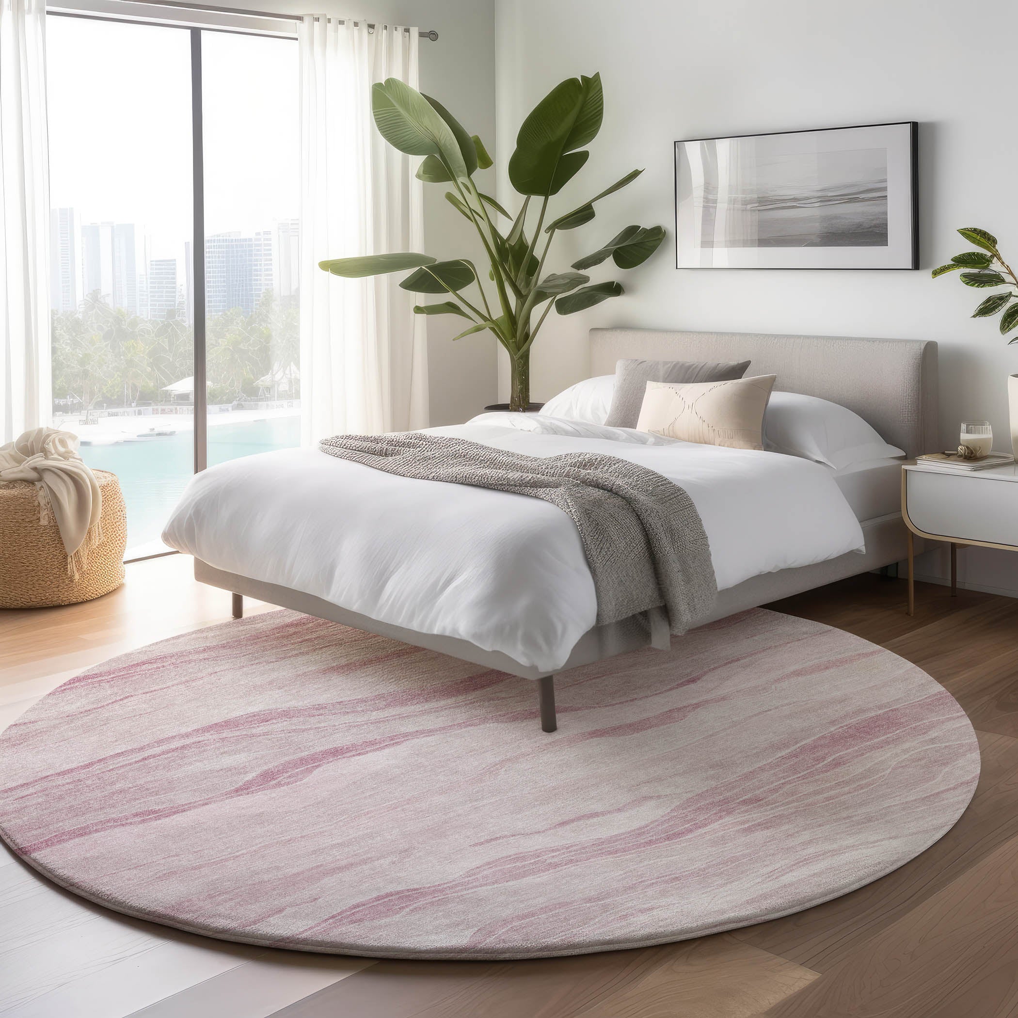 Luxury Machine Washable Indoor/Outdoor Transitional PA6 Pink Rug 8' x 8' #shape_Round